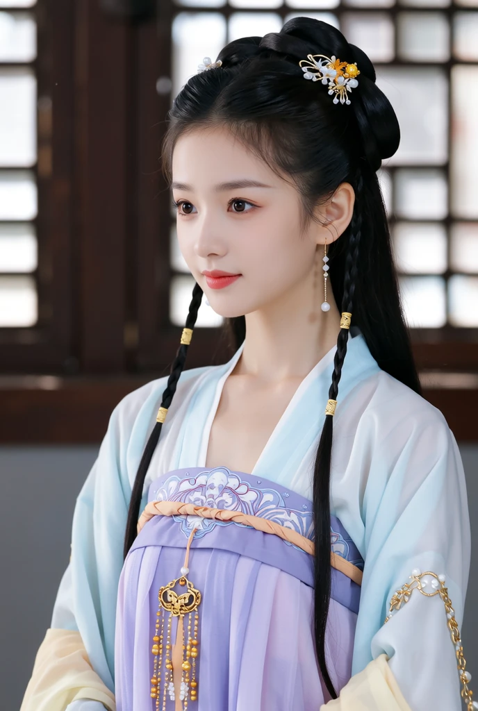 Create a full-body of a youthful Japanese loil with an energetic and determined expression. The character have a double hair bun secured with a golden headband, and the face should feature bold red and dark Peking opera makeup with eyes full of courage and resolution. The  features need to be highly realistic, with particular attention to the eyes, nose, and mouth. Wide angle view, fisheye lens technique, fixed camera position. The Character Portrayal: 18 year old beautiful loil Ming Dynasty warrior, head hairstyle: dark double bun hair, combed into two double sideburns similar to Chunli's hairstyle; she is wearing a pink or purple lavender embroidered belly-band, green three-petal lotus-leaf wrist guards, a light green lotus-leaf skirt,  feet without shoes, green ankle guards and three-petal lotus-leaf ornaments, each fire ring on her left and right feet, which follow the movements of her feet with a slight fluttering motion. She holds a chinese long spear in her left hand, the tip of which glints with a cold light. In her right hand hold a Gold Hula ring. The back is encircled by the red float Dunhuang ribbon , which follows the movement of her back with a slight sway. Movement: Ne Zha's overall direction of movement pans slightly towards the [top] of the screen, the direction of her cute head [slightly upwards to the right], the direction of her upper torso [upwards], the direction of her left arm's movement [slightly upwards], the direction of her right leg's movement [downwards], and the left leg's movement [downwards] as well. High Performance, Slow Motion, 4K, 3DCG, Unreal Engine, Game CG, Game Demo, High Surface Count, Ne Zha's delicate toes, Hanging Weiya, Ne Zha's delicate features. {{masterpiece}}, best quality, illustration, 1 girl, {double bun}, small , beautiful detailed eyes.