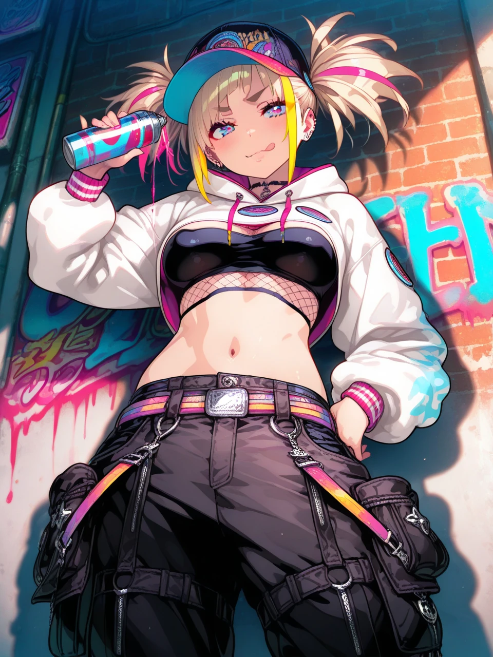 masutepiece, Best Quality, Realistic, One Woman、a blond、Solo, croptop , Denim shorts, a necklace、Black long boots、 (Graffiti:1.5), Paint splashes, behind arms, against a wall, gaze at the audience, Armbands, Thigh straps, paint on body, Head tilt, boredom, multicolored hair, aqua eyes,