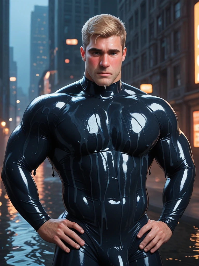 Masterpiece, denoise, void noise, one man, best quality, 8k resolution, male focus, focus only, amazing composition, volumetric lighting, super quality, elegant, Very detailed, front view, facing viewer, -----------, 35 years old, mature face, muscular, Caucasian, (((white skin, pale skin))), handsome, (detailed light-blue eyes), ((light blonde hair, messy medium hairstyle)), big ears, (hairy pectorals, thick plenty chest and body hair), (medium long beard), (((((Jim Sturgess mixed with Russell Tovey))))), (((big , perky ))), ------------, ((((detailed  complete body cybersuit)))), 