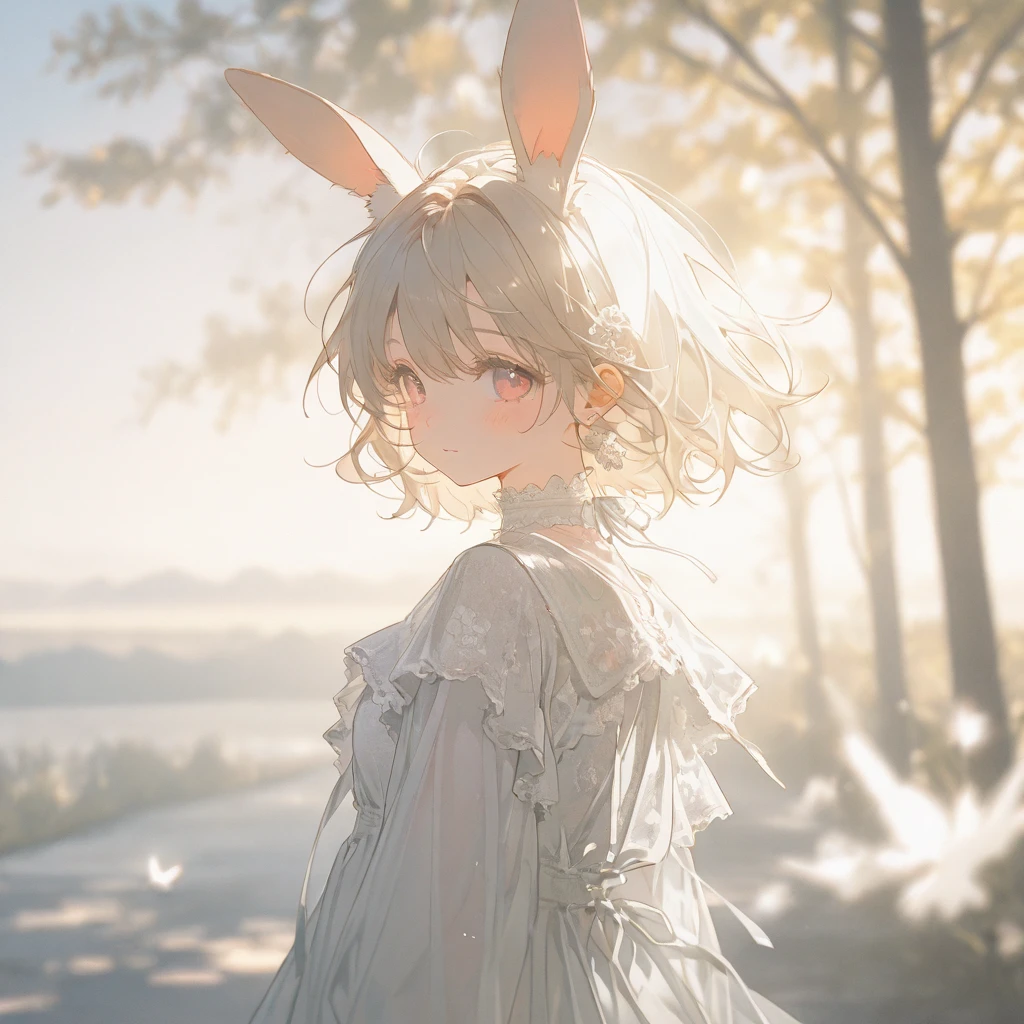 (Best quality at best,4K,8K,A high resolution,tmasterpiece:1.2),ultra - detailed,(actual,photoactual,photo-actual:1.37),Manteau blanc,long flowing white hair,Teenage girl,arknight,Mouse ears,Bright blue eyes,gentlesoftlighting,nature backdrop,breath of the future,Vibrant colors,Focus sharp