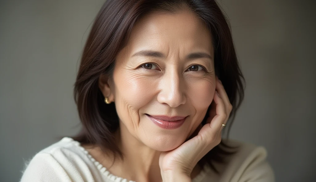 Don't split,To the stomach,90 years old,Deep wrinkles on the forehead,Wrinkles around the eyes,Dark wrinkles like an old lady,Wrinkles in the mouth,Deep wrinkles,from the chest up,The face is facing forward,Best Quality, Ultra-detailed, Photorealistic, super detailed skin,Korea person,A smile,long,Solo