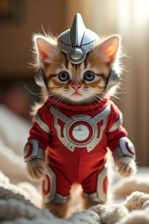 small, There are no humans in this world、The world of anthropomorphized cats、Wearing an Iron Man suit、He also wears an Iron Man helmet.、The front of the helmet can be opened to reveal the face、かわいいbornき物全身, Costumes,、 Fantasy art, Exquisite detail, An anthropomorphic, fat, furry tabby kitten with yellow eyes, Movie Scenes, Dramatic shot angles, , Realistic, born々Amazing cinematic photorealism, Action Portrait, 8K, detailed, Full Frame
