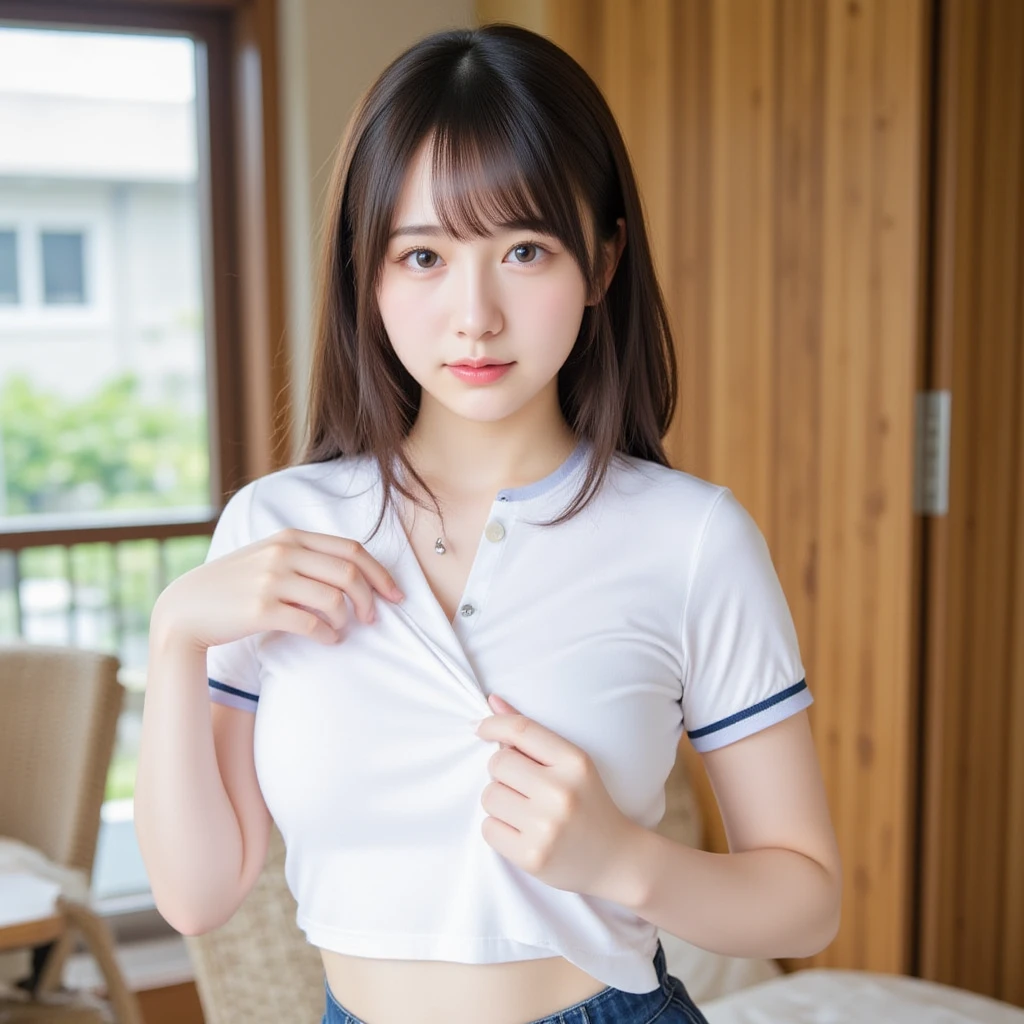 (kawaii 24 year-old Japanese girl, Nogizaka idol, Korean idol), healthy female athlete body, (glossy black hair, pixie cut, messy hair edge, symmetric length hair:1.3), (bangs), (rounded face, brown eyes, single eyelid, no makeup, soft smiling:1.2), (wearing over-sized t-shirt, skinny jeans:1.3), (flat , extra small :1.4), (looking at viewer:1.2), BREAK, (turf in the park background:1.3), (dynamic angle:1.3), BREAK, (masterpiece, best quality, photo realistic, official art:1.4), (UHD, 8K quality wallpaper, high resolution, raw photo, golden ratio:1.2), (shiny skin), professional lighting, physically based rendering, award winning, (perfect , highly detailed skin, extremely detailed face and eyes), Carl Zeiss 85 mm F/1.4, depth of field, 1girl, solo,