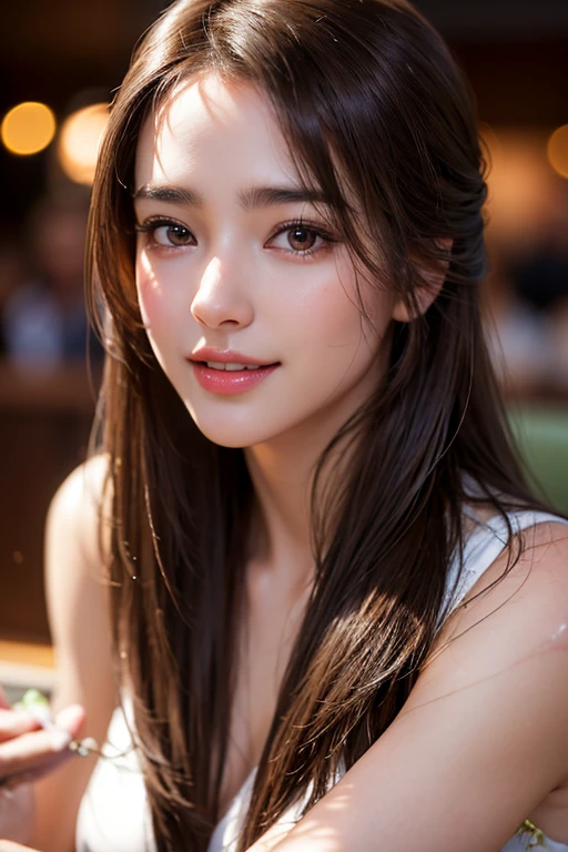 (masterpiece: 1.3), (8k, Realistic, RAW Photos, Highest quality: 1.4), (One Girl), Beautiful Face, (Realistic Face), (Brown long hair: 1.3), Beautiful Hairstyles, (bangs), (smile), smile, Realistic eyes, Gloss, highlight, highlight in the Eyes, eyelash, Beautiful details in the eyes, (Realistic Skin), Beautiful Skin, Transparency, Pink ruffled floral dress、 , smile, teeth, Confused, charm, 超High resolution, Ultra-realistic, High resolution, Golden Ratio, Clear eyes, Wet, Mole, Looking into the camera, ear, Shine, Long neck, double eyelid, Big eyes, cheek, kind character, charm personality, kind, Move, 圧倒的なcharm, bright personality