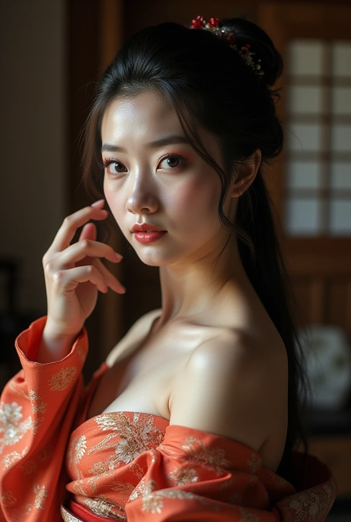 (masterpiece:1.2), super detailed, ultra high resolution, (realistic, photo realistic:1.37), High-definition RAW color photos, professional photos, very delicate and beautiful, very detailed, finely, huge file size, very detailed beautiful girl, very detailed face, very detailed eyes, very detailed skin, very detailed nose, very detailed mouth, perfect , very detailed背景, (famous japanese actress:1.2), (Improve:1.1), (flat chest:1.2), dynamic lighting, steampunk, full body, (dragon embroidery kimono:1.3), black background,  shoulders, (dynamic pose:1.1), armpit, (dynamic pose:1.3)