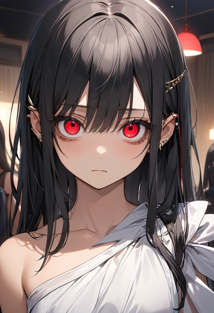 woman, red eyes, black hair, crow, glowing eyes, parted bangs, peaceful face, bathing, 