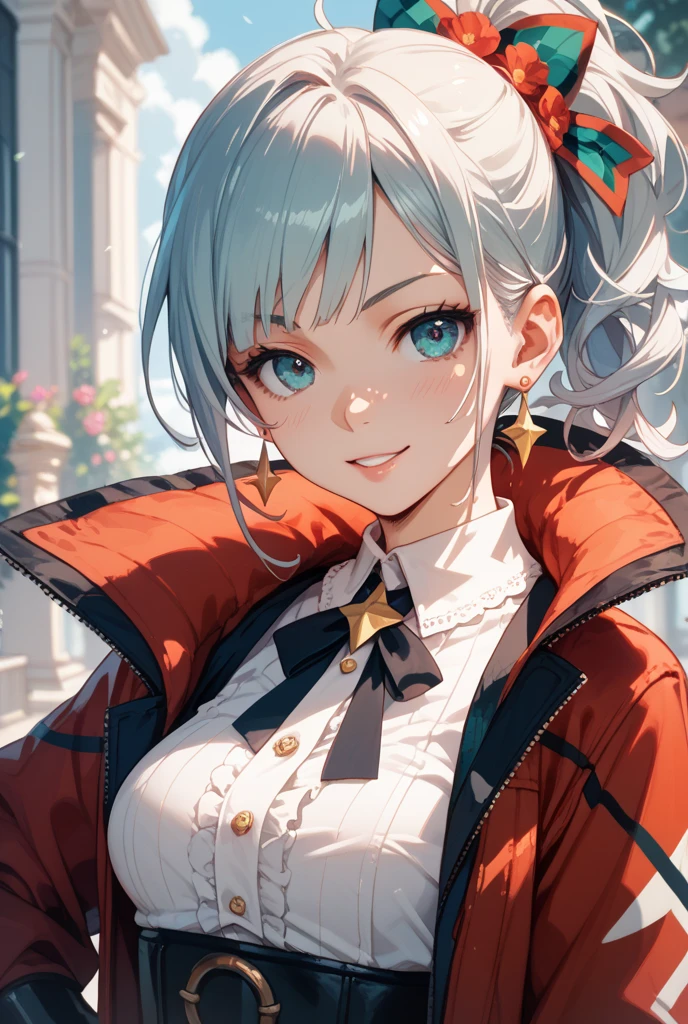 (Ultra High Quality,super high definition,16k,super masterpiece,Ultra HD , detailed shading and background,)One woman is facing up,Long silver hair, braids, Valley, nurse cap ,smile,blush,Thick lips,Background with a big full moon and starry sky,
