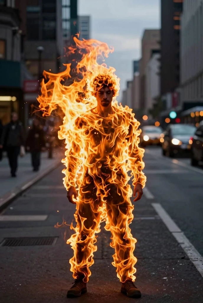 A person completely on fire without showing their face