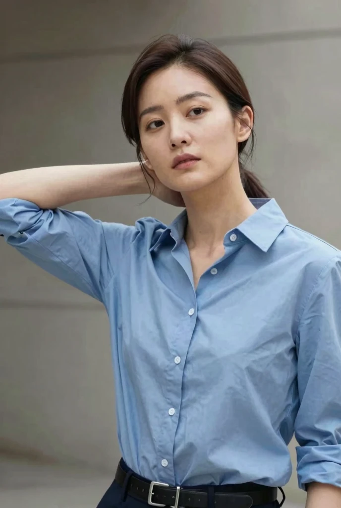 A woman in a blue shirt and black pants posing for a picture - SeaArt AI
