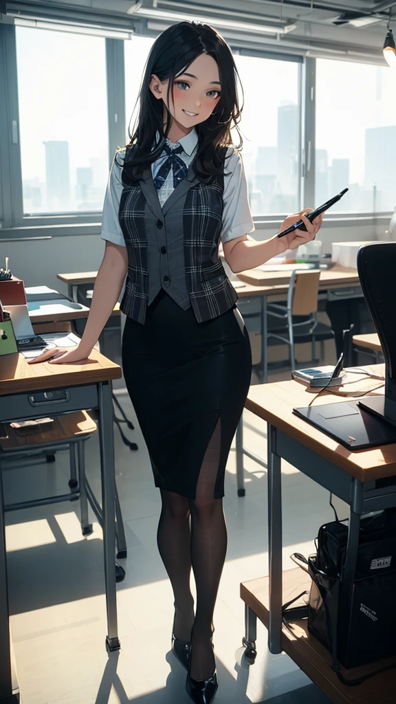 black hair、teacher　red glasses　black jacket　white t-shirt　black three-quarter length pants suit　black high heels、、smile、Are standing、classroom　blackboard　machine