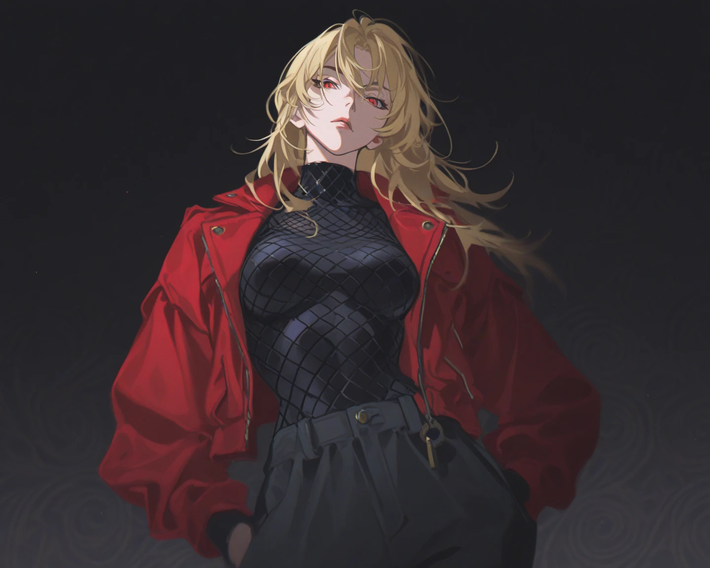 masterpiece, best quality, absurdres, perfect , 1girl, solo, PredatorGB, long hair, hair over one eye, ahoge, earrings, sharp eyes, choker, neon shirt, , turtleneck sweater, night, against wall, brick wall, graffiti, dim lighting, alley, looking at viewer,