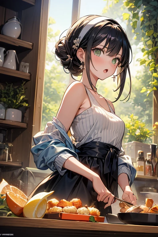 (dynamic angle:1.3, front view:1.1, :1.3, from above:1.1), (dynamic posing:1.2,  posing:1.2), ( smiling:1.3), ((looking at cake,Taking a cake out of the golden oven, worried about the outcome:1.2)),highest quality、(real、photorealistic:1.4),(ultra high resolution, 8K RAW photo, clear focus), best qualtiy, natural lighting, field depth, (Bright pupils, detailed beautiful eyes, high detailed face), Red lip, (tight focus:1.2), a girl 22yo old, Wearing a pastry chef uniform:1.3 , Thicc, thin , long hair, blue eyes,garter stocking, :1.2, midriff, black shorts, black thighhighs, thigh strap, pretty girl, (highly detailed beautiful face and eyes,firm ),real skin,((black,hair,long pony tail hair)),thin pubic hair,cute,lovely, detailed eyes,(double breasted:1.0,under :1.0),(with sparkling eyes and a contagious smile),open mouth, Looking at Viewer,A scene of cooking in the kitchen,looking at the golden oven
