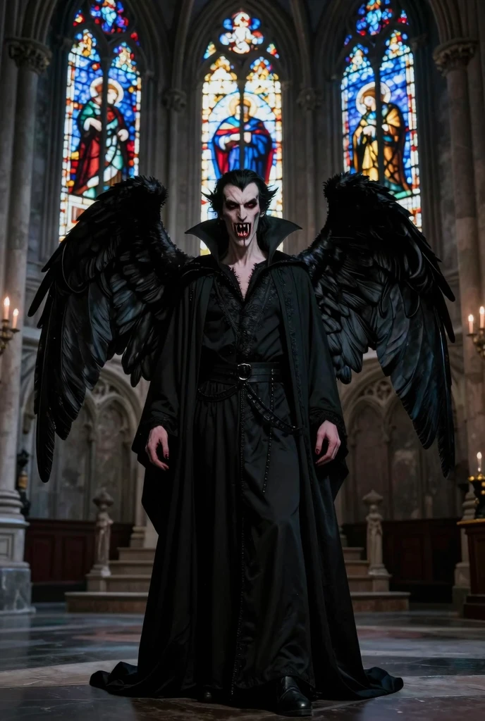 masterpiece, realistic, photographic, 1boy, a  young Roman Catholic priest turning into a hot male demon with red skin, black hair, glowing red eyes, long black claws on his fingers and large horns as well as a massive demonic wingspan, he is wearing a black loincloth, bursting out of his ripped and torn priestly robes showing his muscular pecs, abs, biceps, shoulders and  .  A  expression on his face, he is surrounded by glowing human skulls, stained glass windows inside the interior of a gothic church background