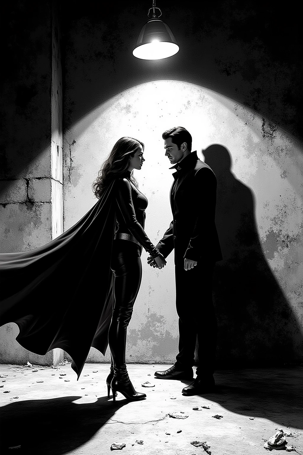 
- Scene: Create an image of two people in love in a setting of mystery and passion.
  
- Woman's Appearance:
  - Resembles Beyoncé
  - Brown skin
  - Long, golden blonde curly hair
  - Confident and  expression
  - Wearing a red dress, elegant and form-fitting
  - Lips painted a deep, intense red

- Man's Appearance:
  - Resembles Severus Snape
  - Pale skin
  - Large nose
  - Black, straight hair falling around his face in a somber manner
  - Serious and intense expression
  - Wearing a black cloak, contrasting with the flames around them

- Atmosphere:
  - Surrounded by flames, creating a mystical and fiery ambiance
  - Soft lighting highlighting their faces, enhancing the sparkle in their eyes
  - Flames adding an element of intensity and mystery to the scene
  - They are close to each other, gazing intensely into each other's eyes, exuding a strong emotional connection
