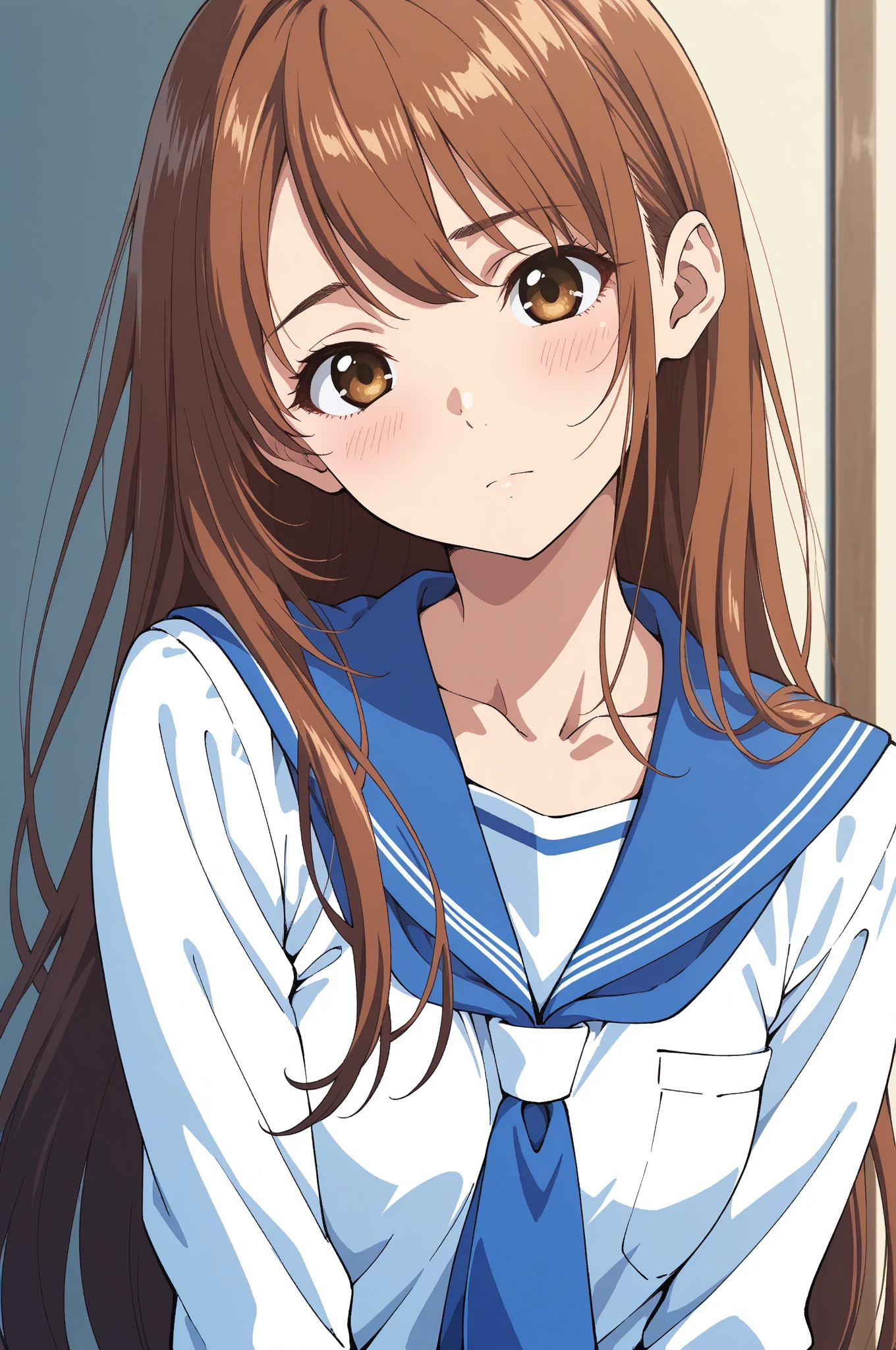 1 girl in uniform, long hair, , look, blue eyes, smiles, 囲図, anime style,