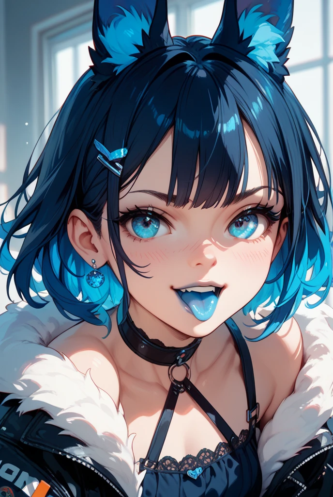 Close-up of a cartoon girl with blue hair and a yellow shirt, 2D Animation, 2D Animation style, 2D Art, 2D Art, 2D from Gorillaz, 2D from Gorillaz, 2D Gorillaz, Screaming Cerket, 2D Sprites, Jinx Face, short hair, Small breasts, hot pants, ((Black Hair, Bright blue fur inside:1.4))