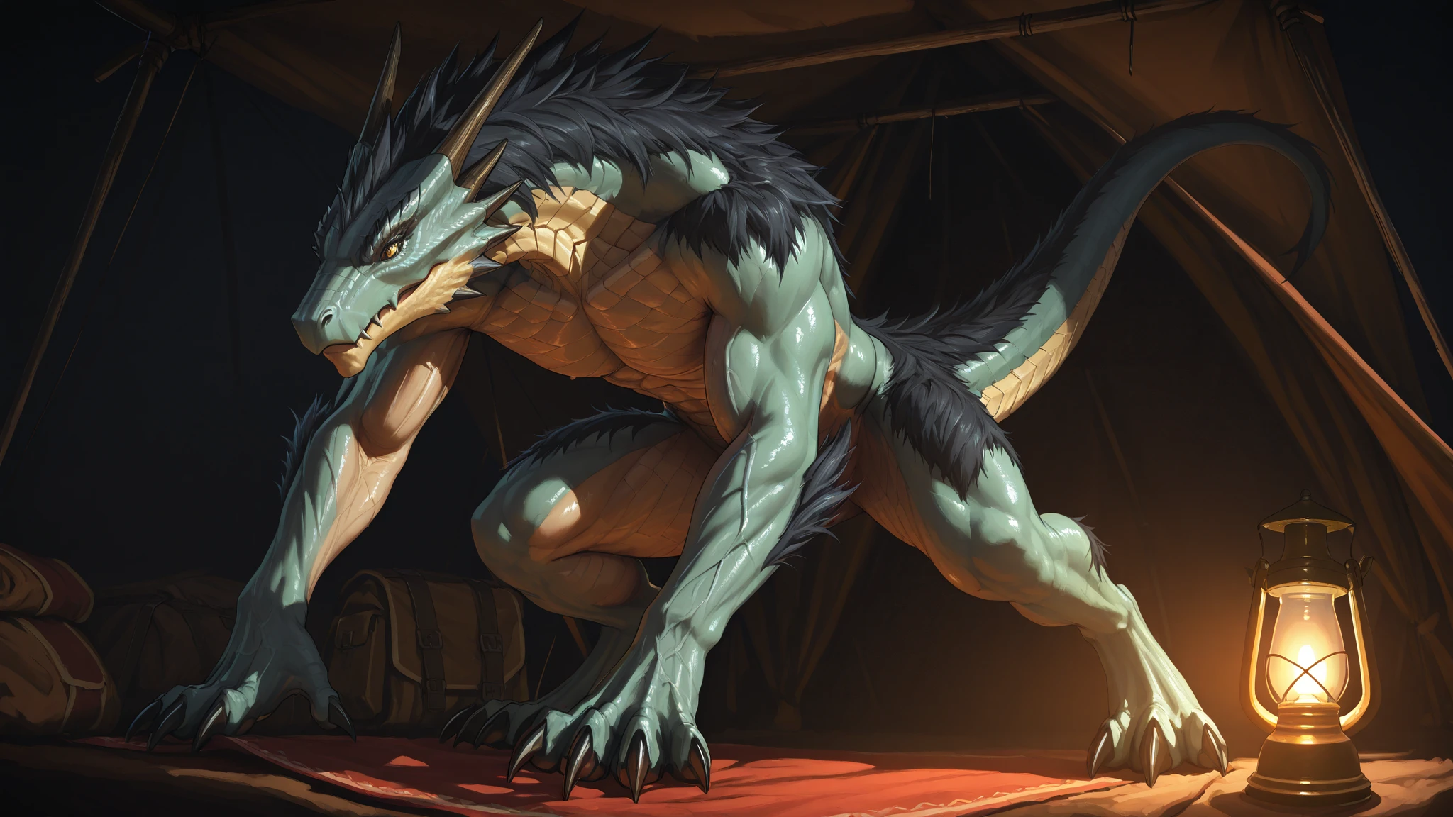 solo, male, anthro, muscle, muscular, (kemono), (dragon), (dark-purple body), (black scales: 2), (scaly skin: 2), (light-grey stomach), , sharp teeth, smiling, dominant, (huge dark purple wings), (white background), white mane, horns, hi res, bara, (knotted-: 2), , veiny, (), absurd detail, highly detail, 4k, (slightly leaning back), (standing)