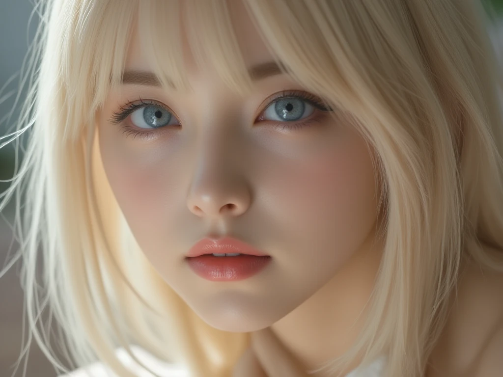 blonder woman, new, blue eyes and medium breasts. It must be in a professional photography setting and must be extremely realistic, Pay close attention to your face and  