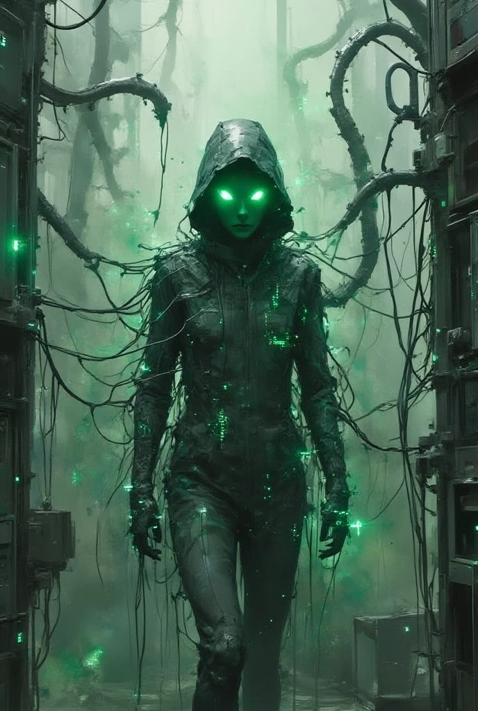 A long-haired black woman in a brown hiking outfit is about to partially transform into a tiger, kneeling in agony. Her eyes have a green light, and a gun and blood are on the ground beside her, amidst the rainy atmosphere.