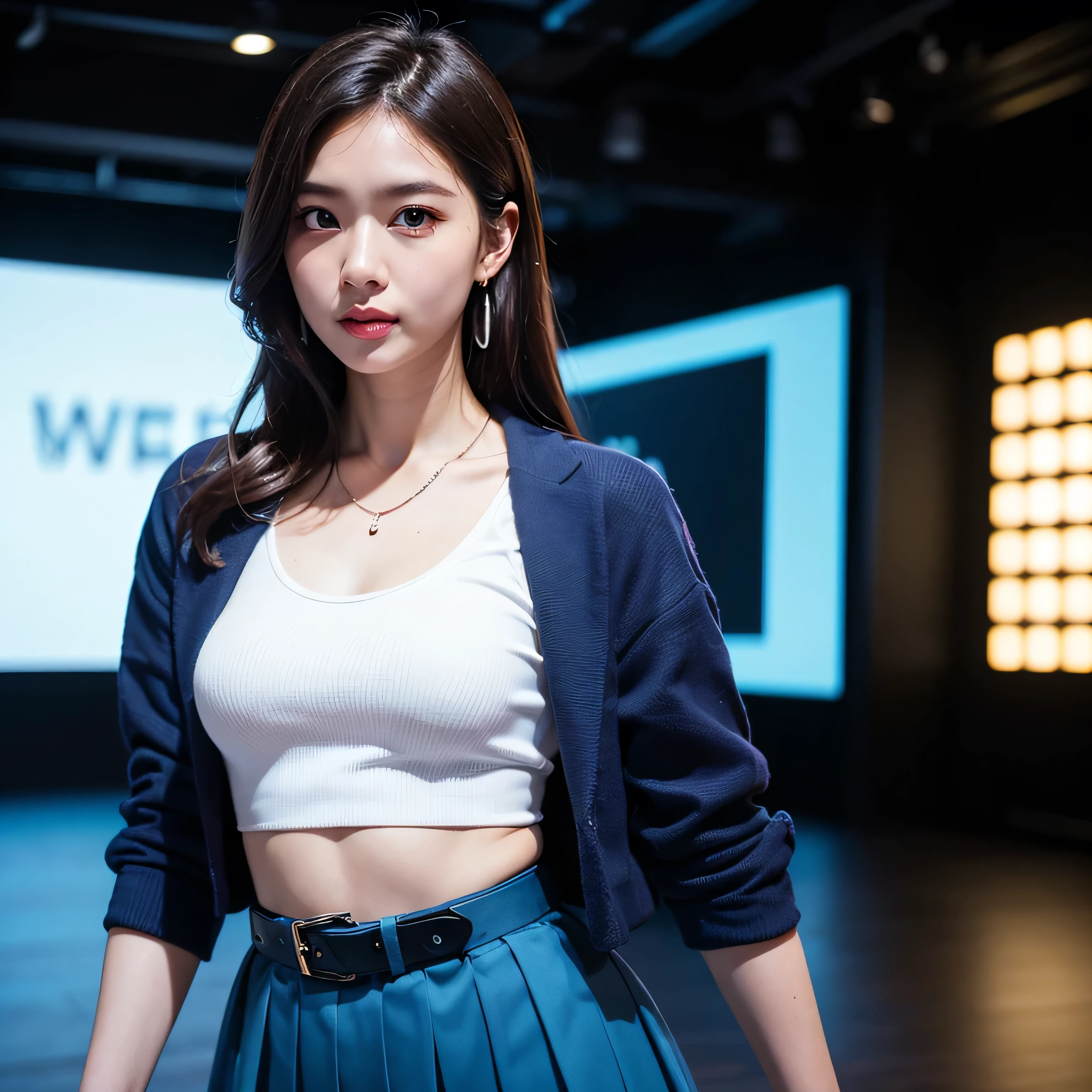 (8K、RAW Photos、Highest quality、masterpiece:1.2)、(Realistic、Realistic)、1 Girl、((one piece、黒のミニskirt、Belly button、skirt、boots、、whole body、stage、Spotlight、View from the front、Looking into the camera、Stand with one hand on your hip))、