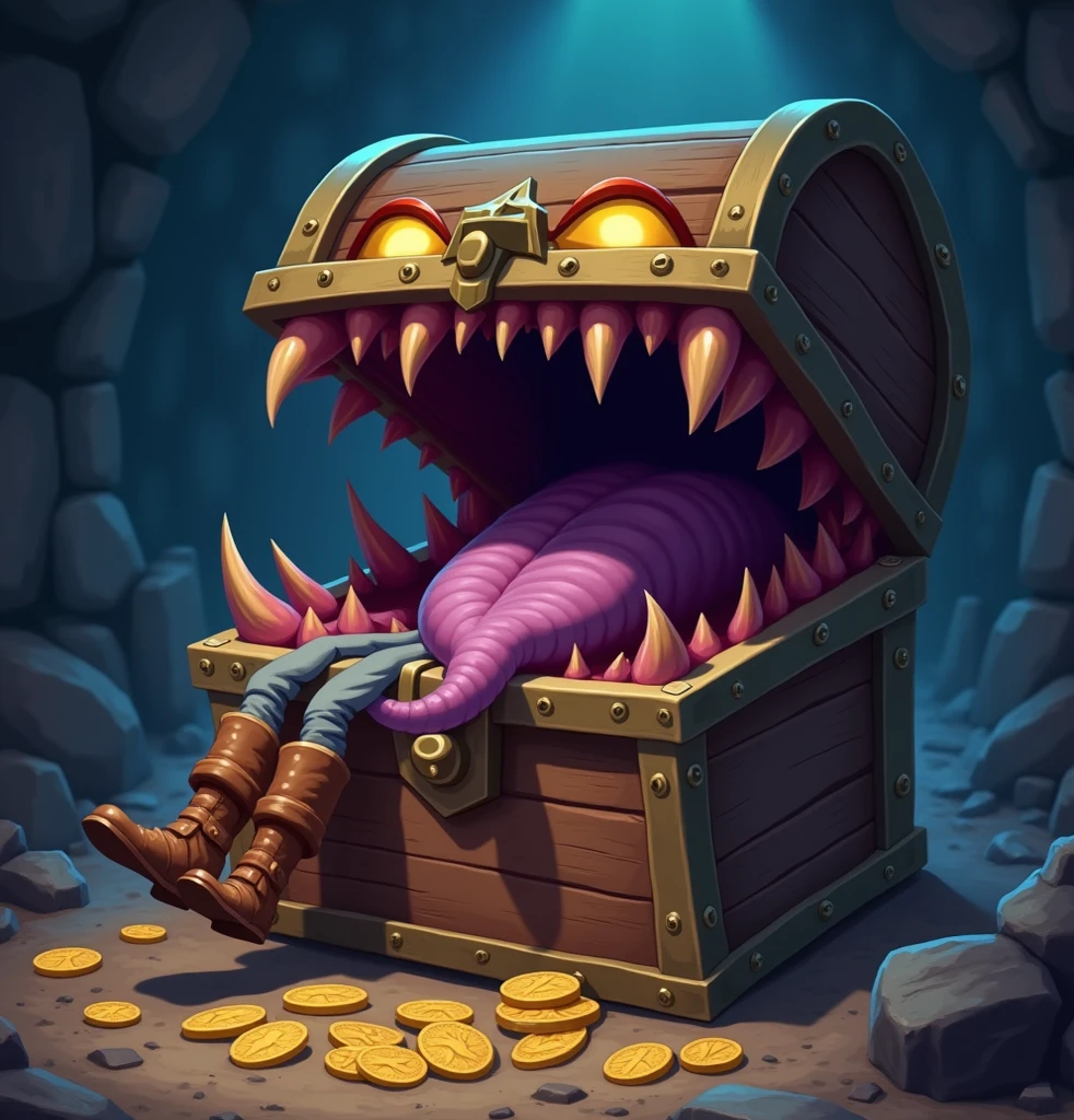 a terrifying treasure chest monster with long arms and legs, massive tentacles, glowing eyes, sharp fangs, detailed intricate texture, dark fantasy, moody lighting, dramatic cinematic composition, highly detailed, 8k, photorealistic, masterpiece