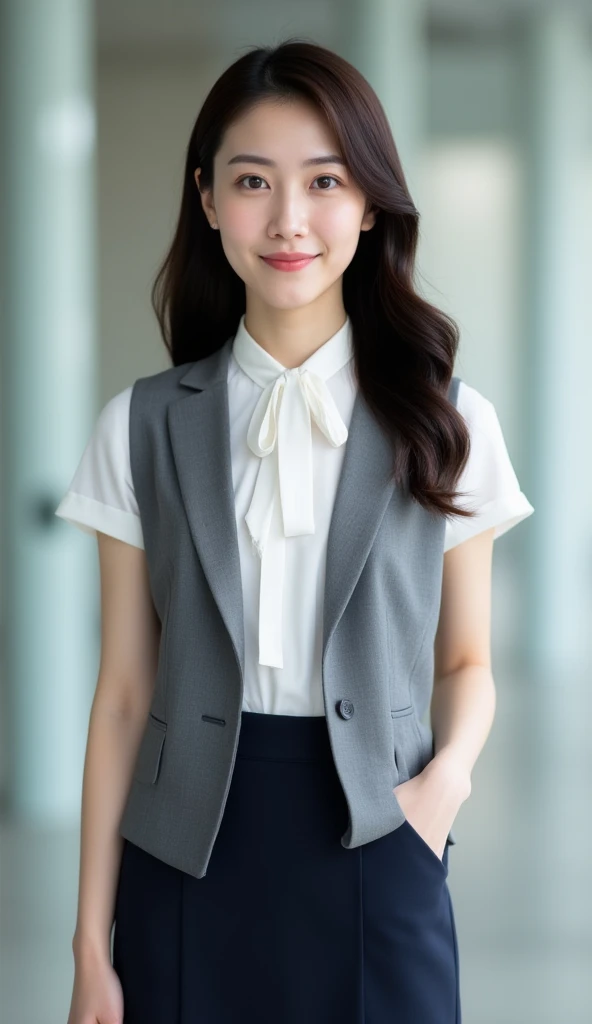 Arafed asian woman sitting on a bench in a suit and stockings - SeaArt AI