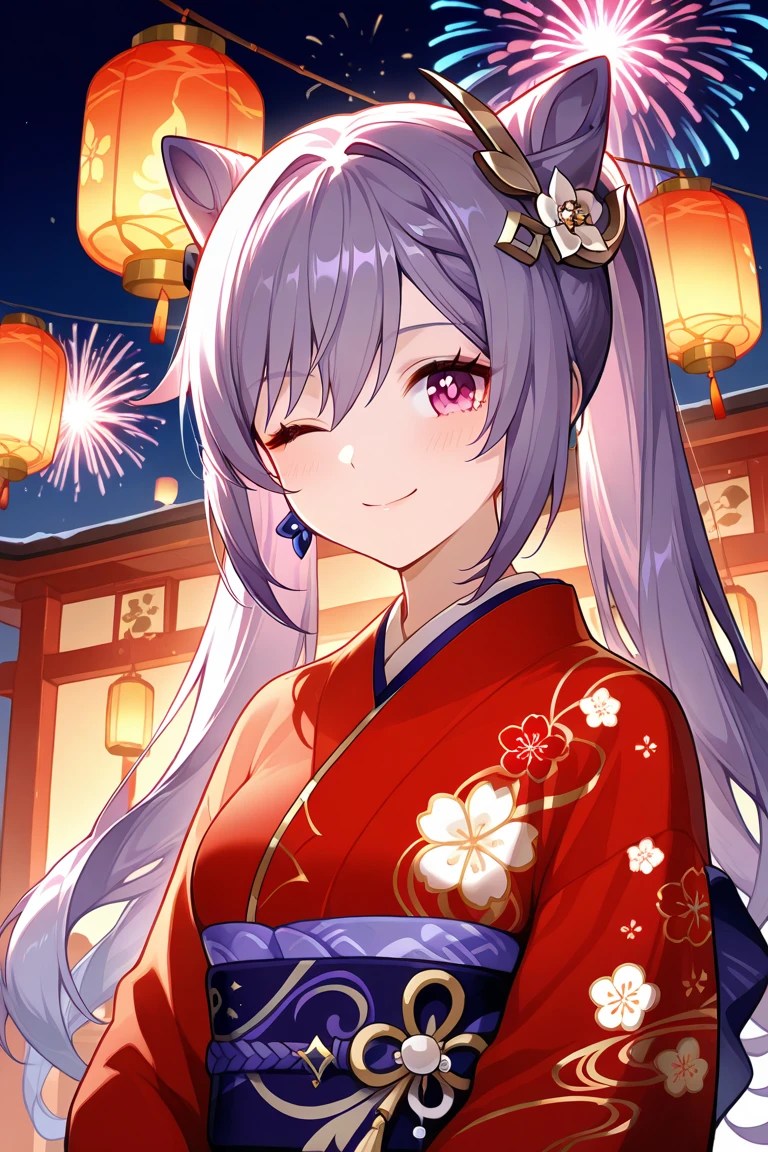 ((One personの女性)), Beautiful Face,((smirk)),((Wink:1.7)),((Finger touching lips)), Laugh with your mouth wide open,((Bright red cheeks:1.4)),Shiny red lips,night,rooftop,Festive decorations,You can see the ocean, firework,Laughing with your mouth open,Glossy pink lips, lighting,((Anime style background)),masterpiece, Highest quality, so beautiful,up to date, Complex details, (Pink long nails),(ring),(bracelet),(choker),AI-generated, Complex,High resolution, Highest quality, super high quality,3D Images、3D Images,One person,Long white hair,High Ponytail,(White eyes),Anime woman posing for a photo, ((fine grain、Silvery white colorful eyes、Shining Eyes:1.4)),(Squint your eyes:1.1),a hyperRealistic , hyperRealistic , Realistic,Anime woman with long white hair, Smooth anime CG art, A woman in a colorful kimono with gold embroidery, (Black long sleeve kimono),Red floral pattern,Long flower hair ornament,big floral earrings,Mature Body,(Big Breasts:1.1),expensive,Abdominal muscles,Tight waist,(Zoom up to face:1.8),Shooting from below