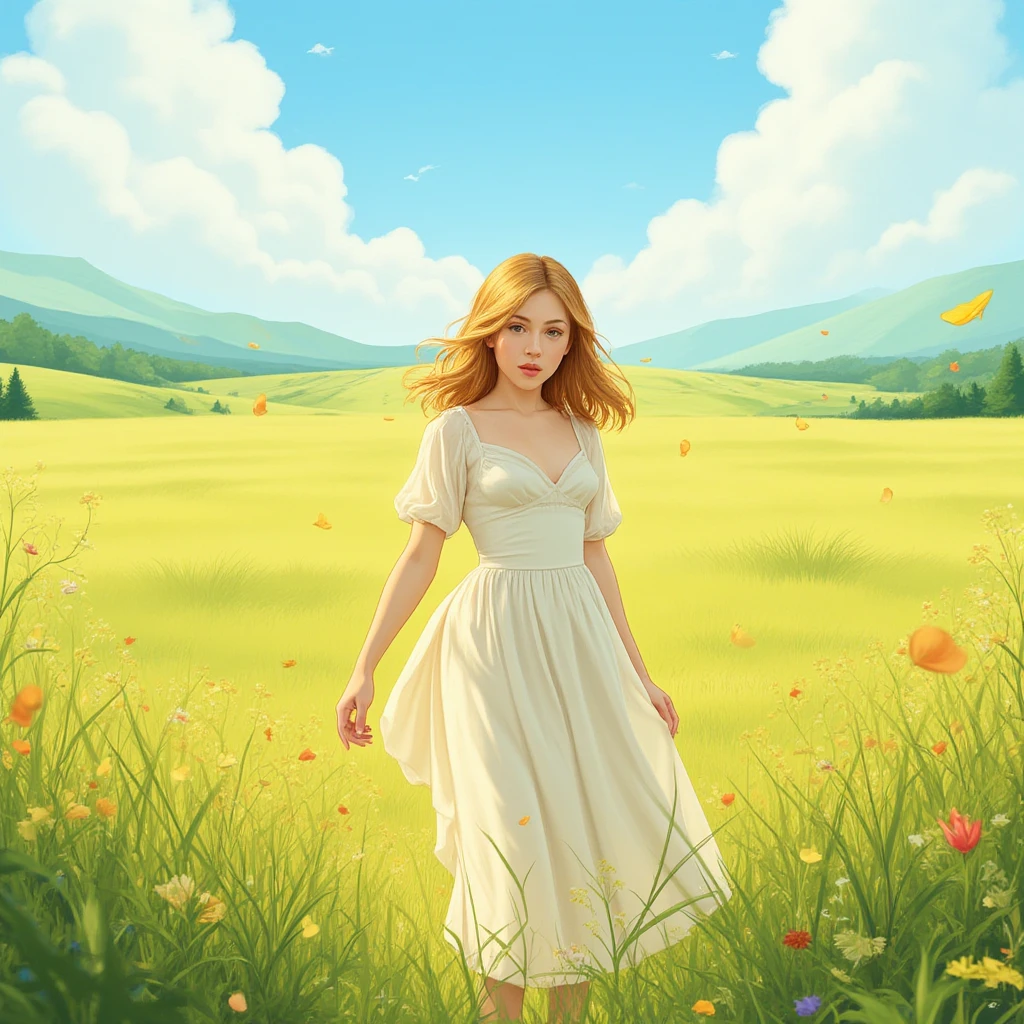 Beautiful slender thin exquisite () girl 16 years old with a perfect face of the southern type with red hair with delicate beautiful expressive breasts with tender  barefoot with  hips ((with red pubic hairs)) ((in an unbuttoned open light orange shirt over his  and short light orange shorts)) walks along a brick road in the middle of a flowering field (with a glass of wine), in a gentle watercolor style, Discreet shades, sfumato, haze, diffused dim light, delicate mint shades, imitation of film photography, (olive and grape groves, Brick Road), (High image quality, Maximum detail), (sunset lighting, Warm evening shades, warm golden and olive sunset light)