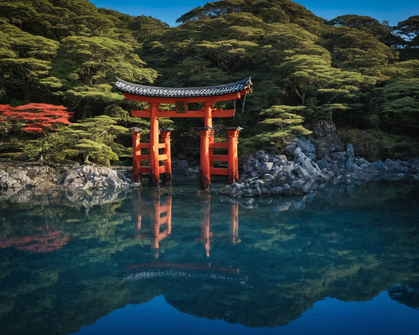 Breathtaking scene, Itsukushima Shrine, Miyajima Island, Hiroshima, Japan, floating torii gate, red pillars, blue waters, traditional Japanese architecture, curved roofs, intricate woodwork, tranquil waters, reflections, lush green mountains, serene, harmonious, UNESCO World Heritage Site