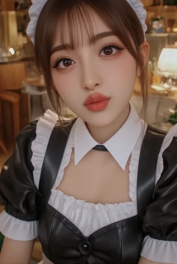 Emery Ratajkowski, retina, Textured skin, Anatomically correct, Attention to detail, high quality, ((Dark Eyes,black eye)),Very beautiful face and eyes, Big eyes, 1 female、Actual skin type,I can see my pores,Maid Cafe((Cafe table))(((A string of drool dripping from the top of the tongue)))((Maid clothes,White prim))smile,Realistic skin texture,I can see my pores肌,Maid,Greeting in maid clothes,30 years old,Wrinkles on the skin、