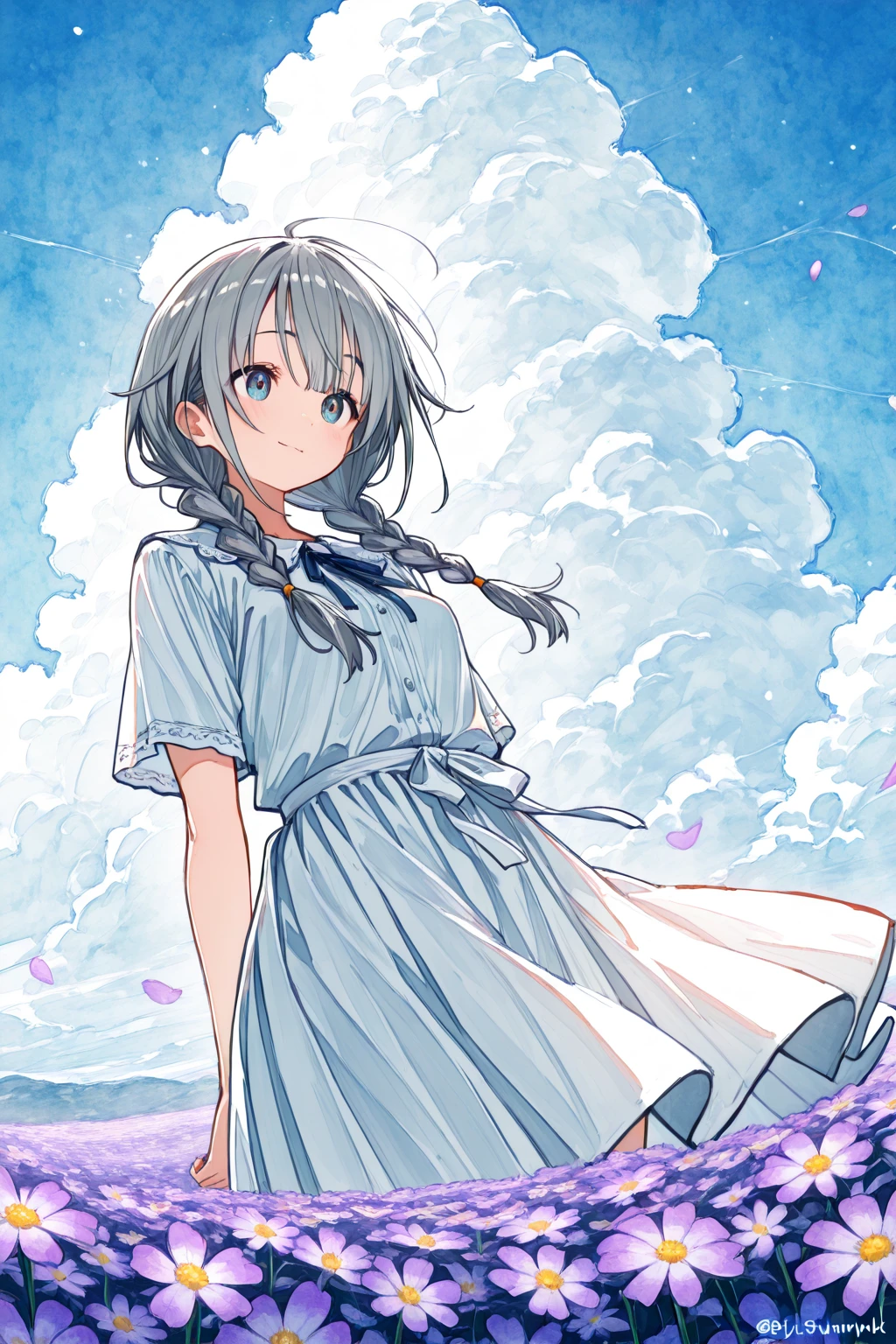 masutepiece,((ligne claire)), limited palette,Best Quality, Flat color, Low contrast, ((1girl in)),(((Very delicate and beautiful girl))),(beautifull detailed face),(Beautiful detailed eyes),{Long hair},hair adornments,((middlebreasts)),cabelos preto e longos,Hair Ribbon,School uniform , Standing,((Looking at Viewer:1.6)), View from below,Beautiful detailed sky,Bright sky,Cloudy sky,Sunlight, (detailedlight),Lighting,Colorful,ocean,Beach, Bridge,The path to school,Skyscraper, Autumn, Haze