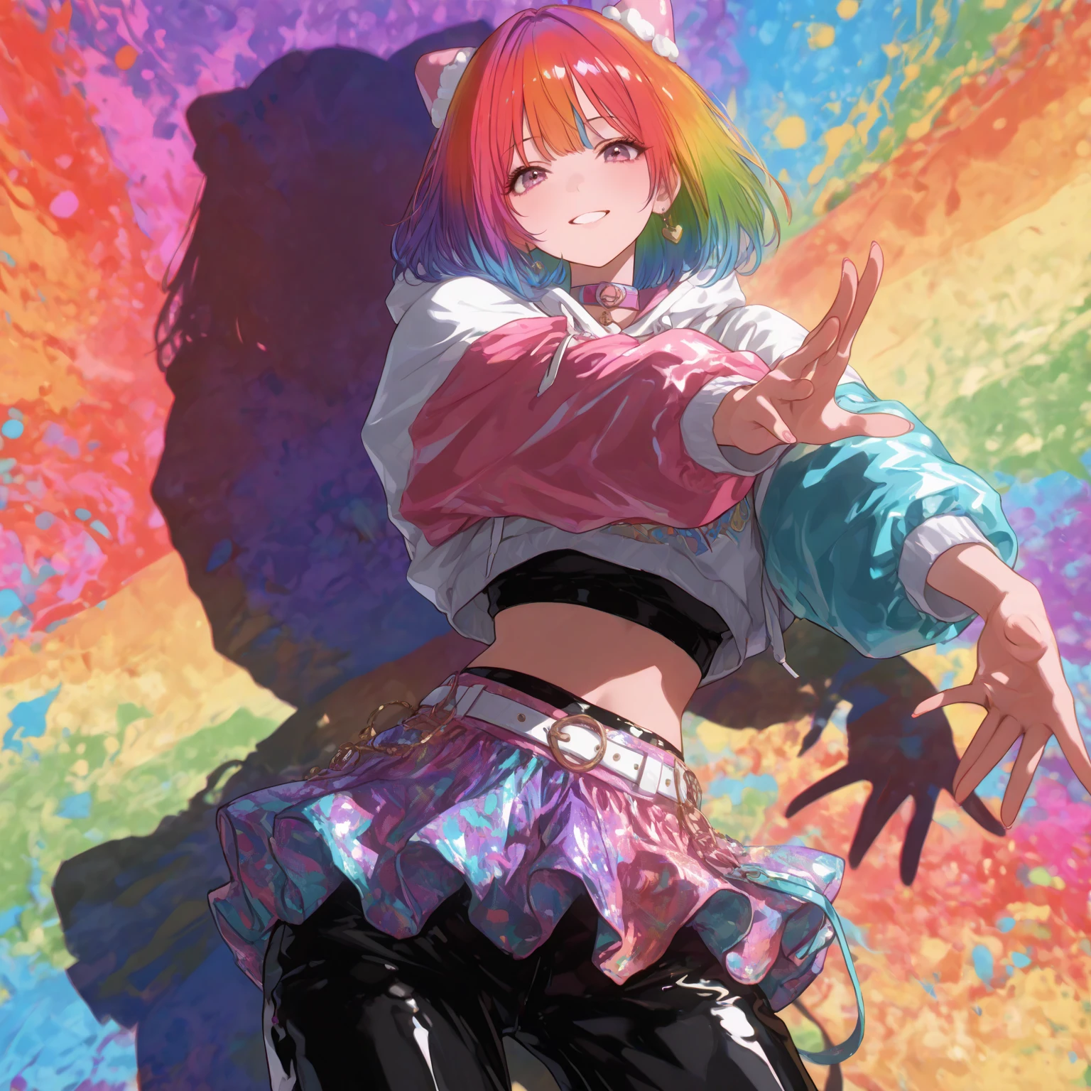 a cute adult male with wolf ears, white hair, has a wolf tail, wearing a loose cropped oversized black hoodie, wearing a pair of denim short shorts and thigh high fishnet stockings, thick thighs, wide , relaxing on mound of fluffy multi colored kawaii plushies, short, very slim, showing slender tummy, stretching out, heart on hoodie, squishy thighs, has glowing blue eyes. alone, solo (ALONE)(SOLO), surrounded by rainbows, colorful galaxy backround, mouth wide open grin, very happy, excited, nice 
