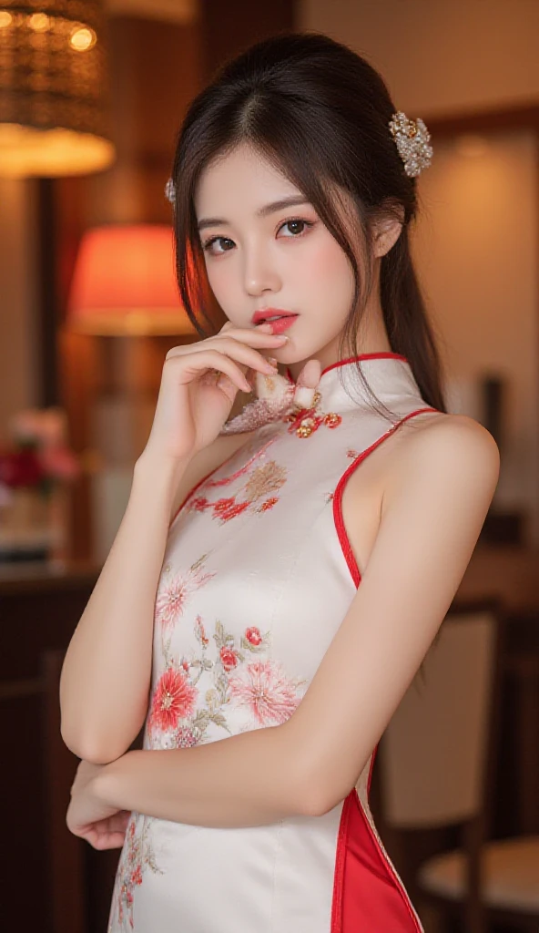 (ultra-detailliert), (ultra-sharp) magnificent realistic photo, an asian girl, full body, standing straight, face smiling, long hair, wearing red flower cheongsam dress, perfect body, white skin, red lips, background budha temple, green garden, bokeh