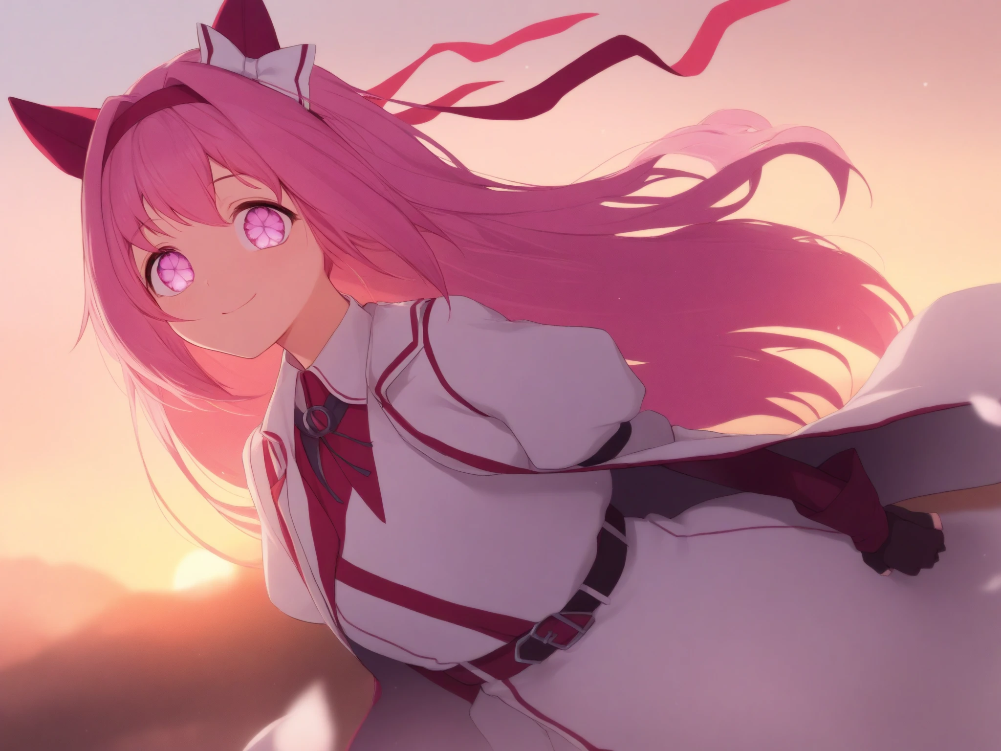 kawai bloody anime girl looking at the horizon with a castle floating in the distance and people in the distance with powers, pink hair, happy, headphones on listening to music and dancing panorama mode image that shows the landscape and that the girl does not look at the camera and that her entire body is seen, with a sandess on her face, closing her eyes, with a katana hanging on her waist, anime, anime!!! 4k blood everywhere not a happy ending and a tear falling off her eyes ninja style