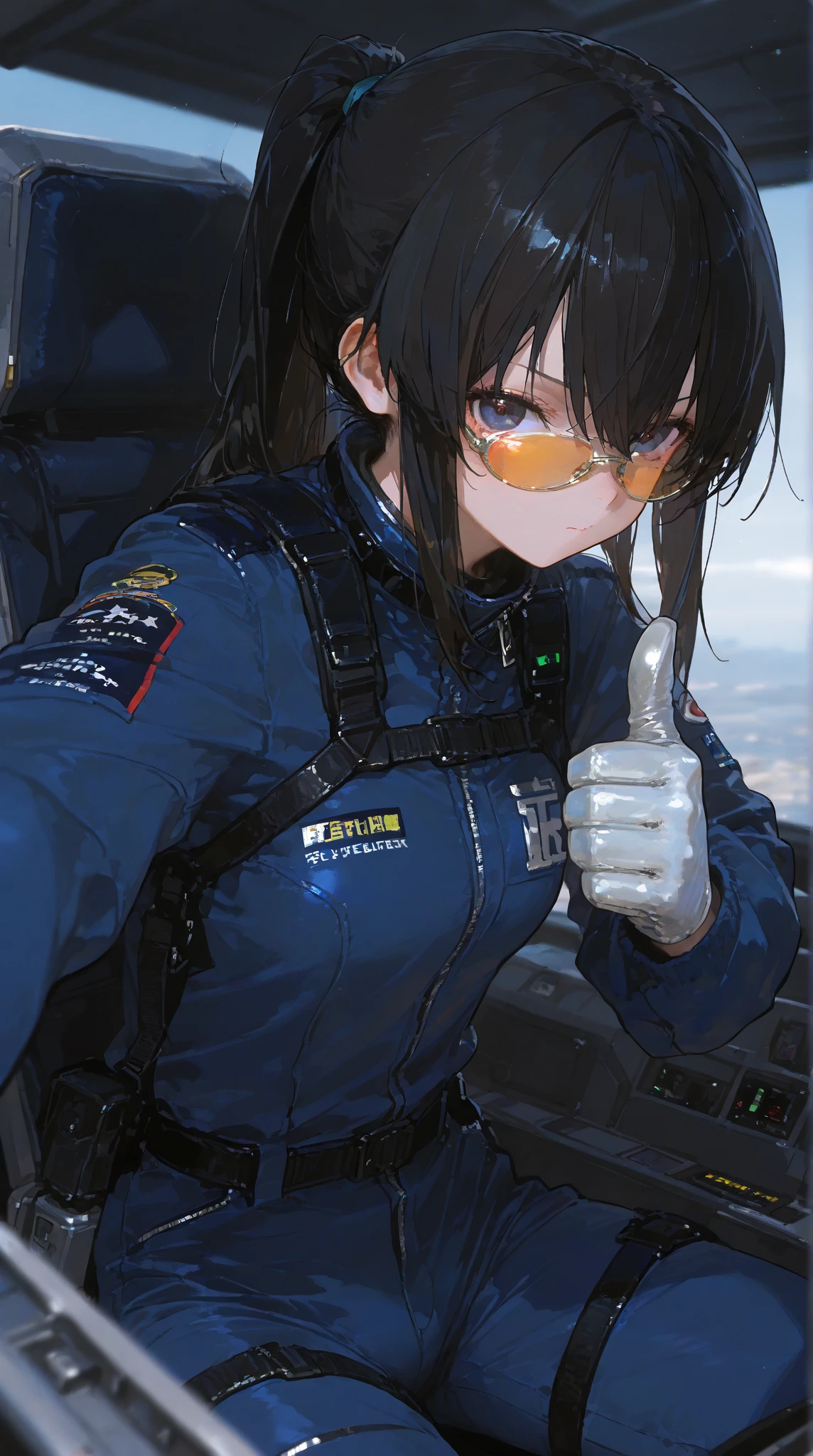 ,Dark gray hair,Blue Eyes,White jacket and grey short sleeves,Blue skirt for lower body,Technology,flat ,Holding a gun,Airplane anthropomorphism,whole body。