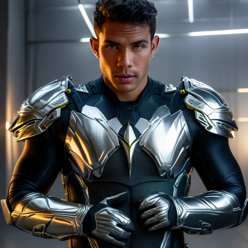 Quarter body shots photorealistic ultra realism high definition aesthetic stabilized diffusion picture of handsome hunky fractal clean shaven MILO as celestial Ling wearing iced blue and cyan sparkling Pentagonal filigree biomorphic  overall tight fit spandex and gloves.