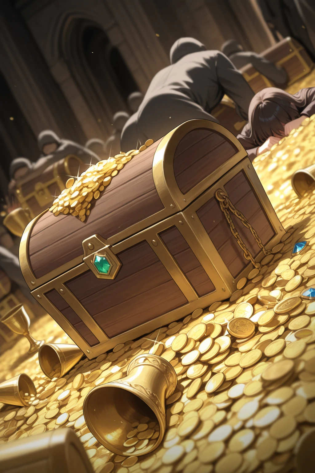 pink and purple tentacles extend from inside a treasure chest filled with gold and silver treasures.