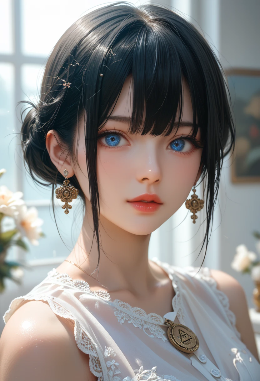 eye reflection, musical note black hair ornament, UHD, blue retina, pink lips, masterpiece, accurate, anatomically correct, textured skin, super details, high details, high quality, best quality, highres, 1080P, HD, 4K, 8k, 16k.