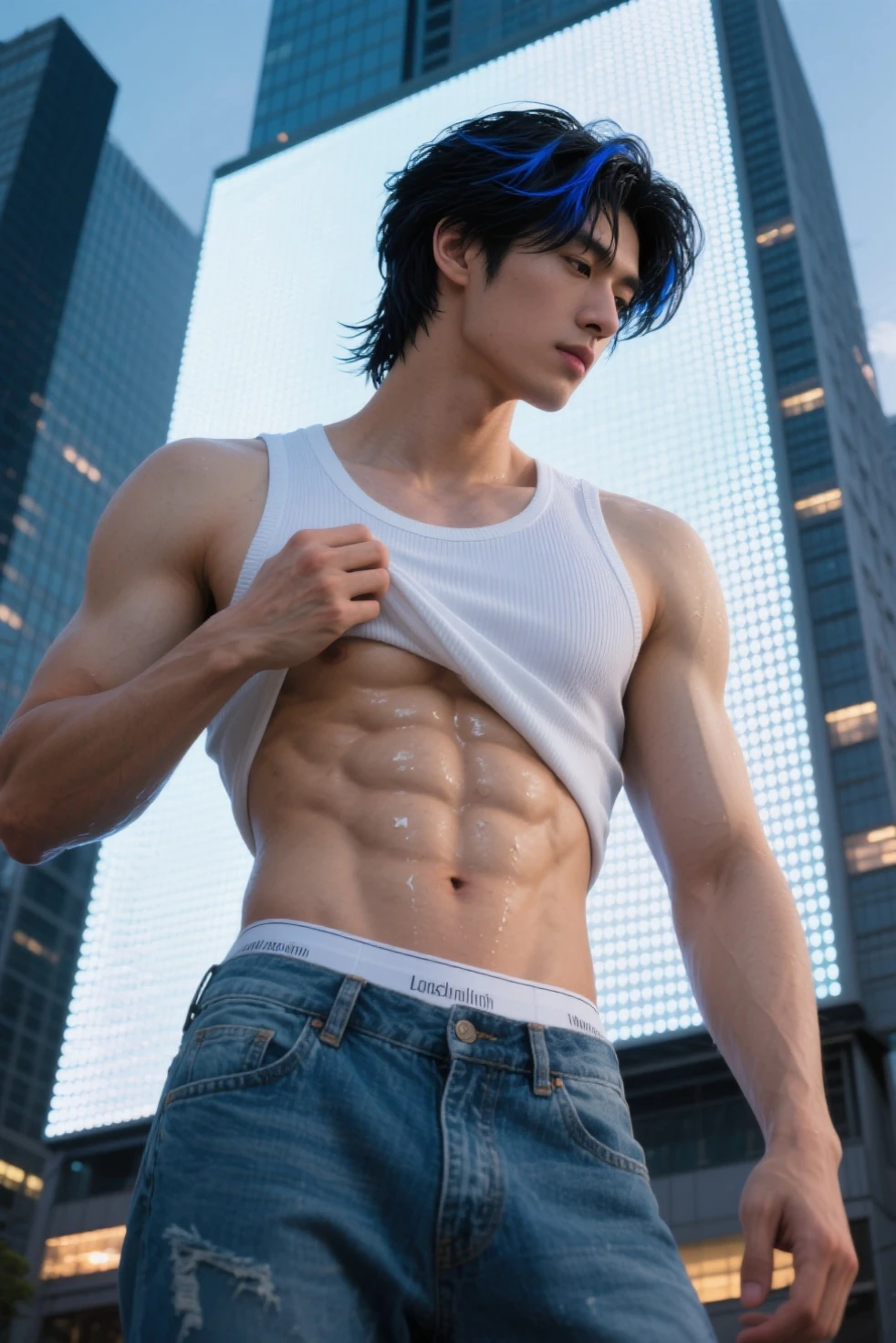 Jungkook under a ((heavy rain)) on a summer night. ((wet hair)). blond hair. fit body. big muscle. Dressed in very tight shorts and . ((standing under a lamppost on a quiet street)). (side view)