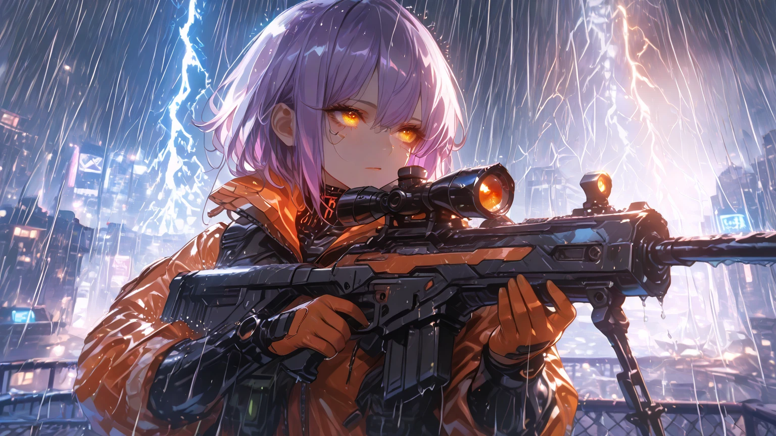 1girl, 1character, gold eyes, long Curly haircut, lavender color hair, army style clothing, white glasses, Long socks, boots army,  full iron armor, bandage on hand, Grassroots, background in fire city street, motion blur, (one piece style art), Big robot gun in hand, smoke effect, aura effect, Fire, lighting fire, plasma effect, fire city, (high angle view, full body view version, angry eyes)