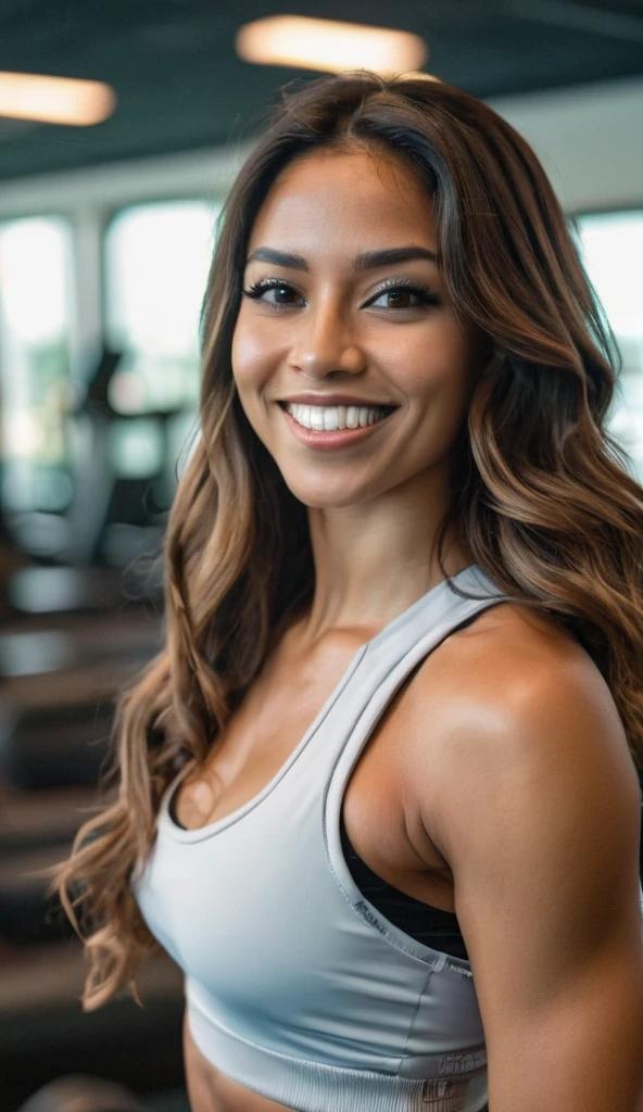 arafed woman with soft wavy boho dreadlocks with blonde highlight, photo of a beautiful woman, she has  light caramel skin with yellow undertones, gorgeous woman, mixed-race woman,  gorgeous beautiful woman, mixed race woman, with textured hair and skin, toned slender body in workout clothes, at the gym, on the treadmill