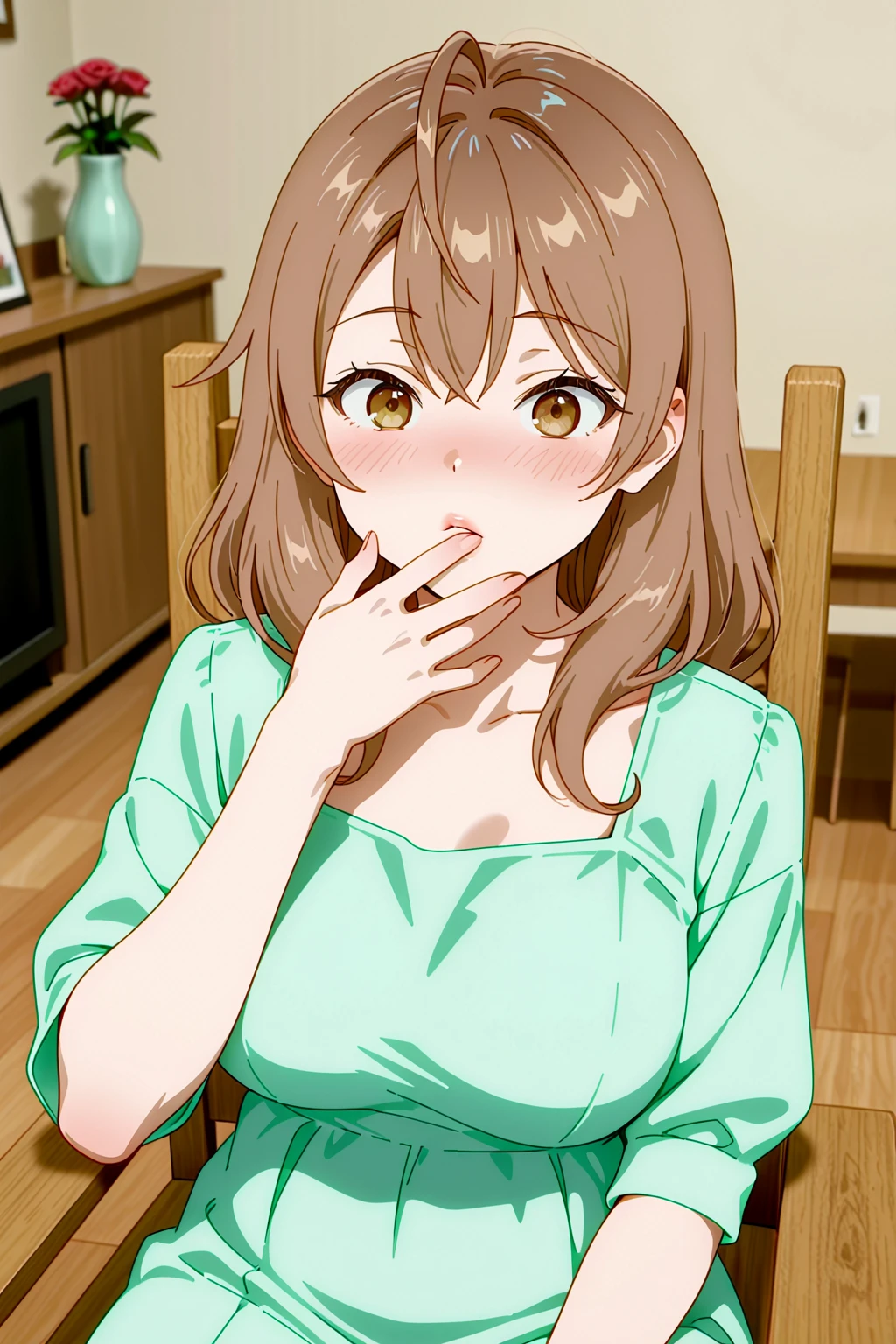 Pregnant woman, sitting on the sofa, while eating popcorn, background in the living room with TV, anime screencap