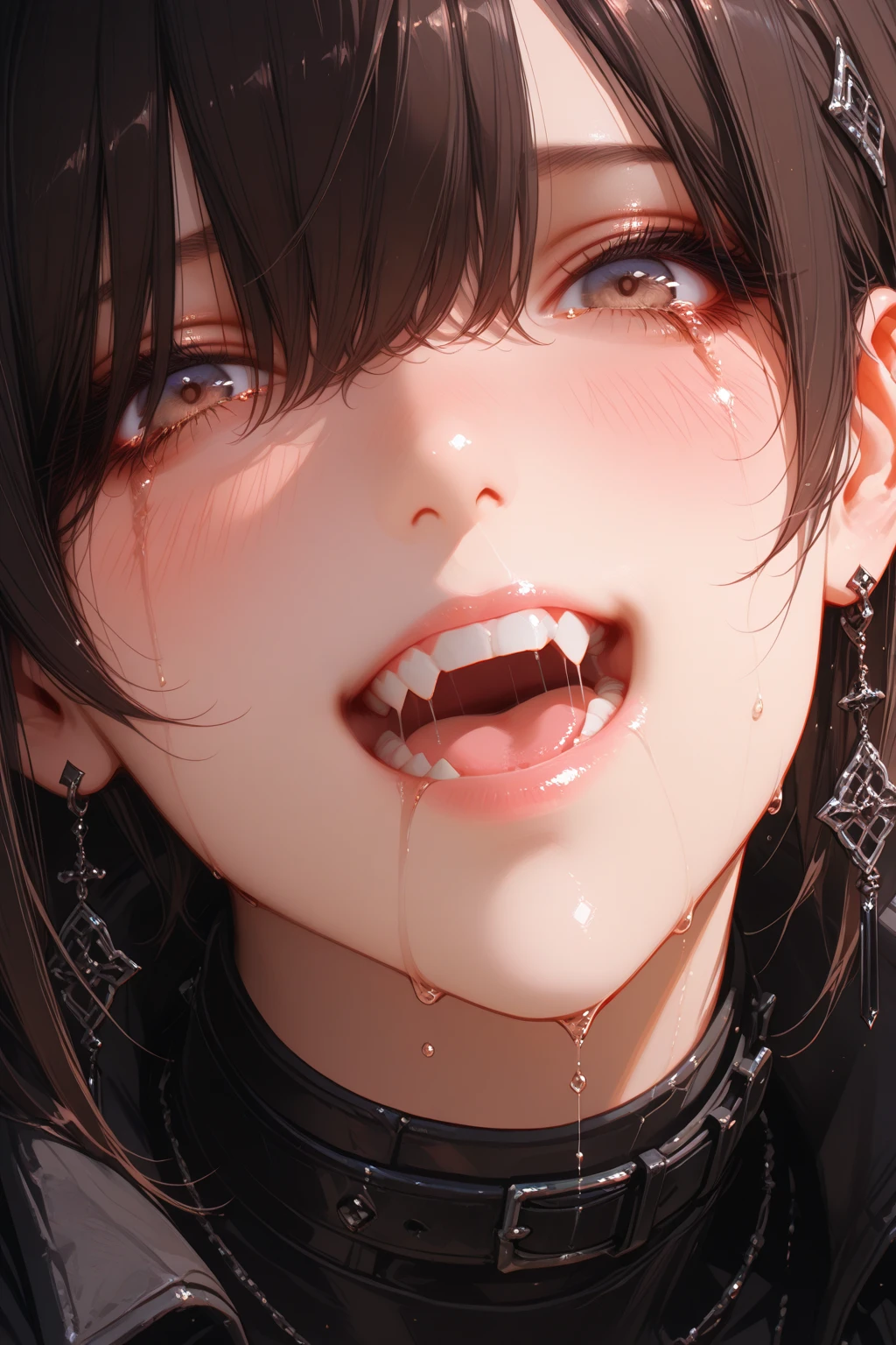 ,1 girl,Solo,hair,(black hair:1),uvula,portrait,masterpiece, best quality, very aesthetic, absurdres,looking at viewer,split,(Black clothing),pov,open mouth,White Breath,shiny,gloss,heavy_breathing,pull,Sweaty clothes,face on ,(happy)