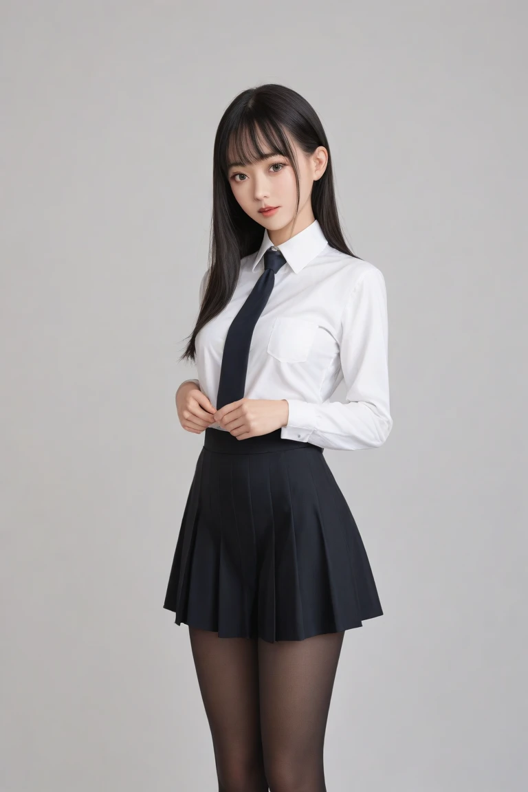 a cut girl with long hair, wearing school uniform, full-body, white background, clean background, full body shot:1.12, Detailed face, detailed eyes, detailed nose, detailed mouth,((UHD,masterpiece,super detail,award winning:1.4,best quality:1.2,highres,high quality))