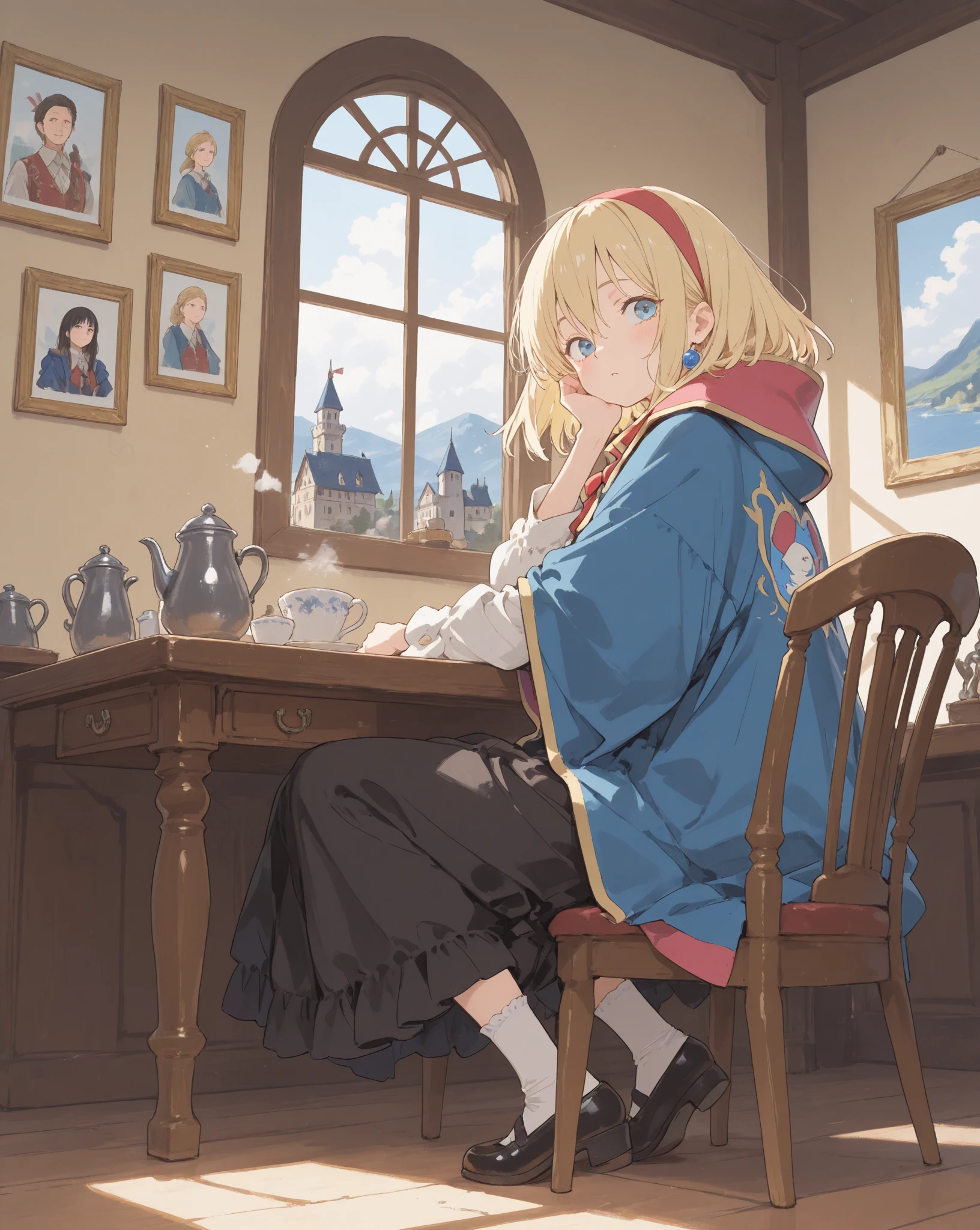 Create a character, that is around 12 years old, with long brown hair and fringes that reach to the eyebrows, with violet eyes, he is wearing a kind of long white sweater and on top of it a red scarf that reaches to his feet., He wears somewhat wide pants with bandages tied to his right leg where he keeps some weapons.. and she is also wearing brown boots that reach a little below her knees with gold brooches on each one..