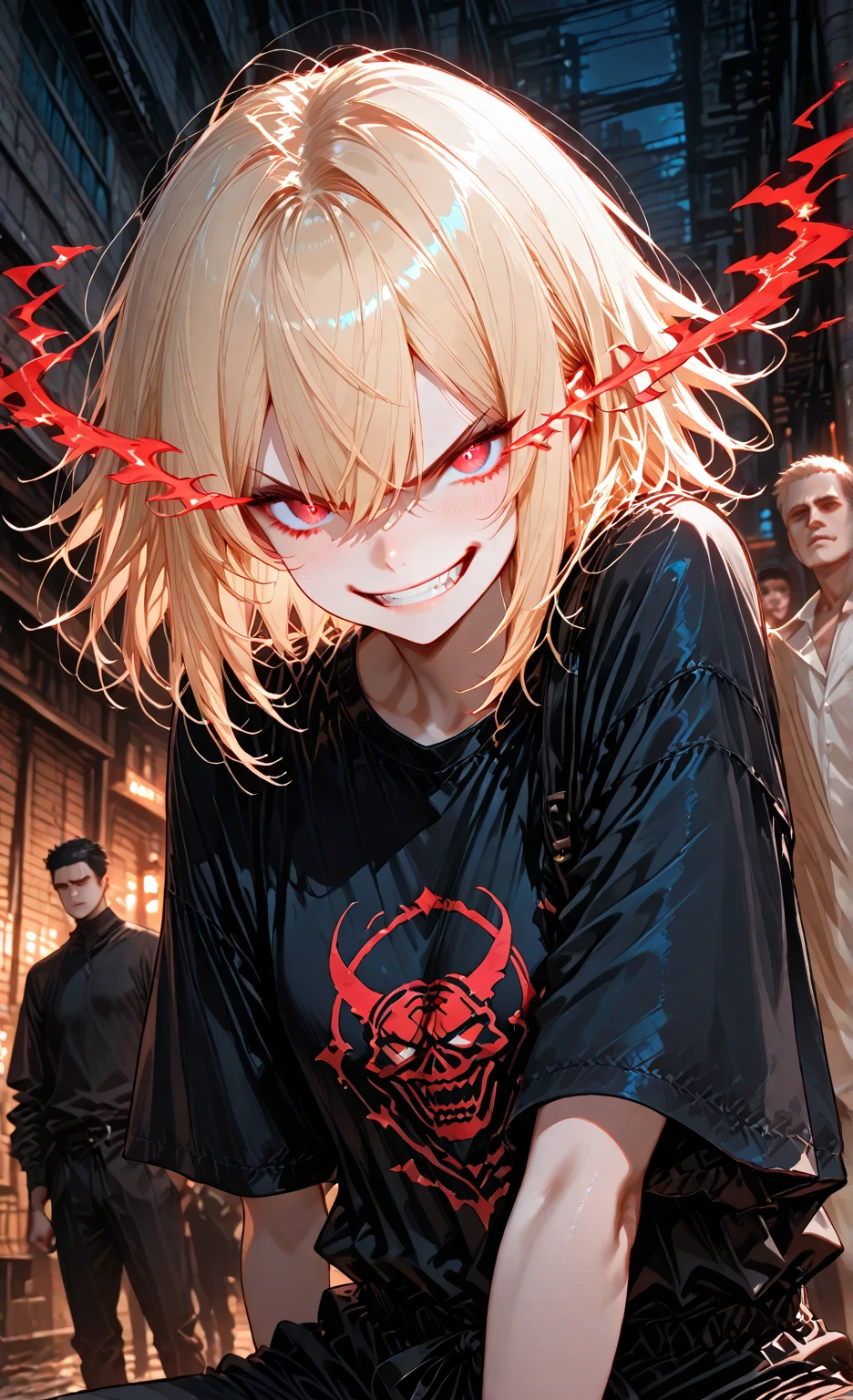 best quality, expressive eyes, perfect face, small shorts, sleek legs, black hoodie, hood over head, hood raised, long blonde hair, glowing eyes, red eyes, side glance, hands in pockets, gothic sweater, goth, demon, demonic, demon-like features, beautiful face, crazed eyes, Yandere, insane, looking injured, in pain, frustrated, detailed eyes, beautiful eyes, smooth eyes, needing help, crying