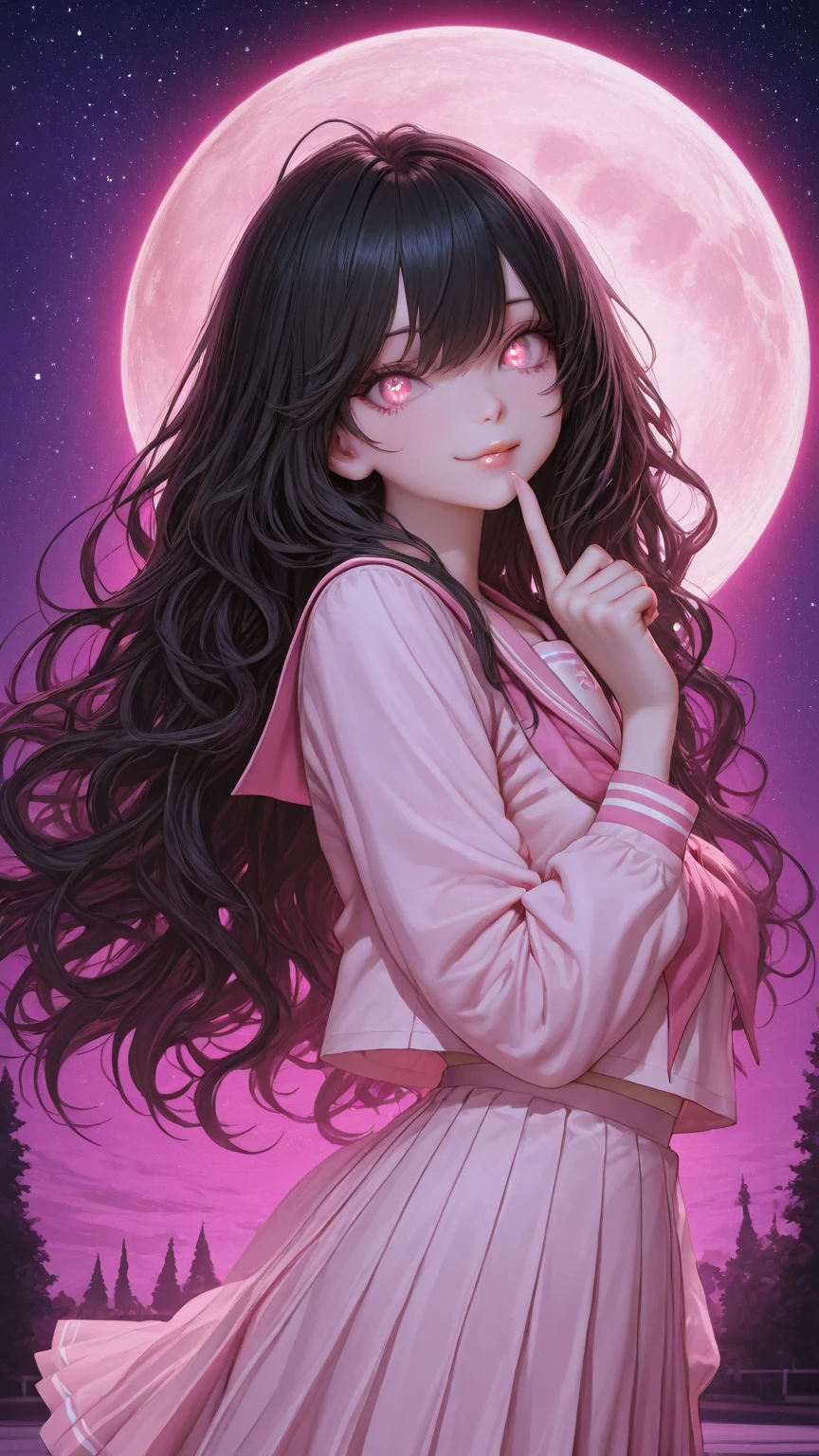 ((highest quality, masterpiece, 4k, finely detailed, detailed eyes, detailed face, intricate details, gelbooru, pixiv)), warm lighting, ((solo)), 1girl, (((dark purple demon horns))), ((sharp but gentle eye shape, purple eye color)), medium , (((black hair, long hair, middle strand, messy hair)), looking at viewer, smile, ((bleached jeans, white sweater)), cloudy sky, moon night, moon shine, sitting on castle wall, castle background, hands next to body
