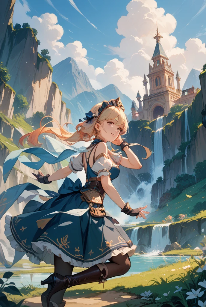 A girl in a blue dress standing in front of a castle - SeaArt AI