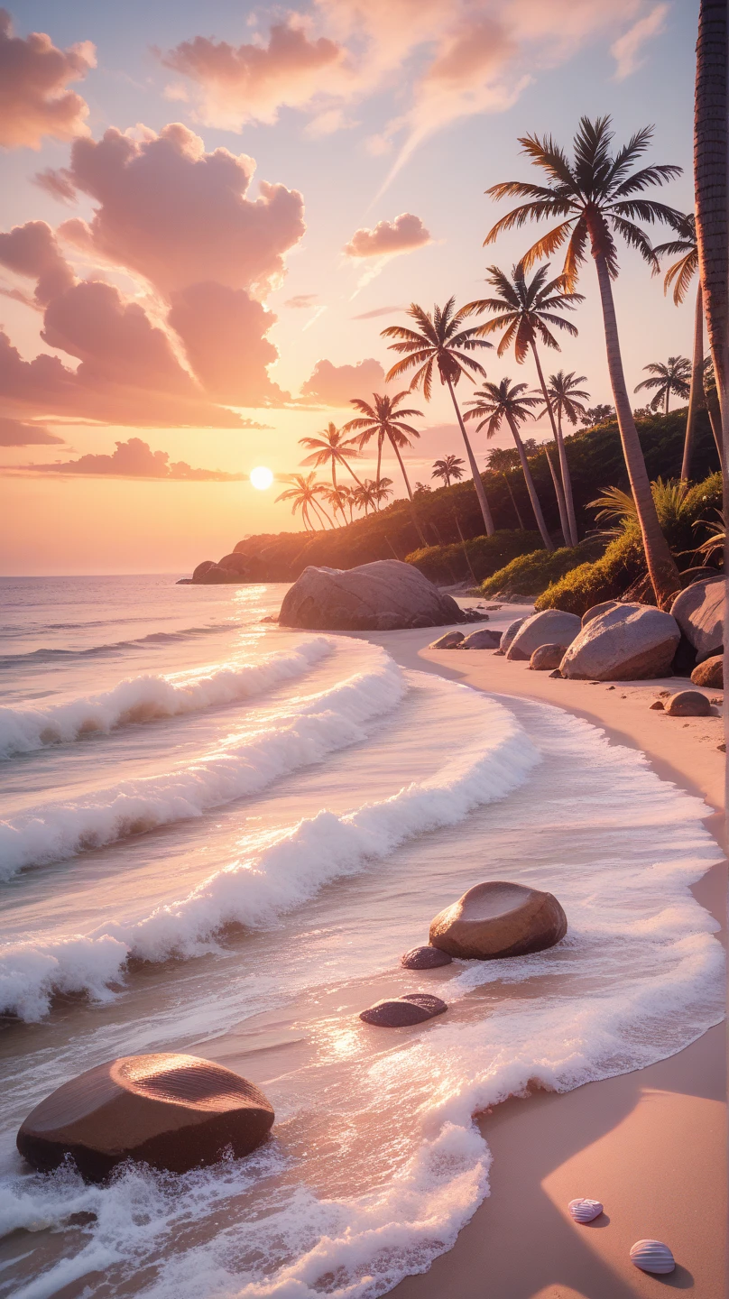 Best Quality, master piece, high resolution, Raw photo, Professional Lighting, high-level image quality, high-detail, ​masterpiece depicting stunning sunrise on tropical beach with gentle waves and palm trees along the coast。The color palette is vivid、It is necessary to convey a sense of renewal and positive energy.