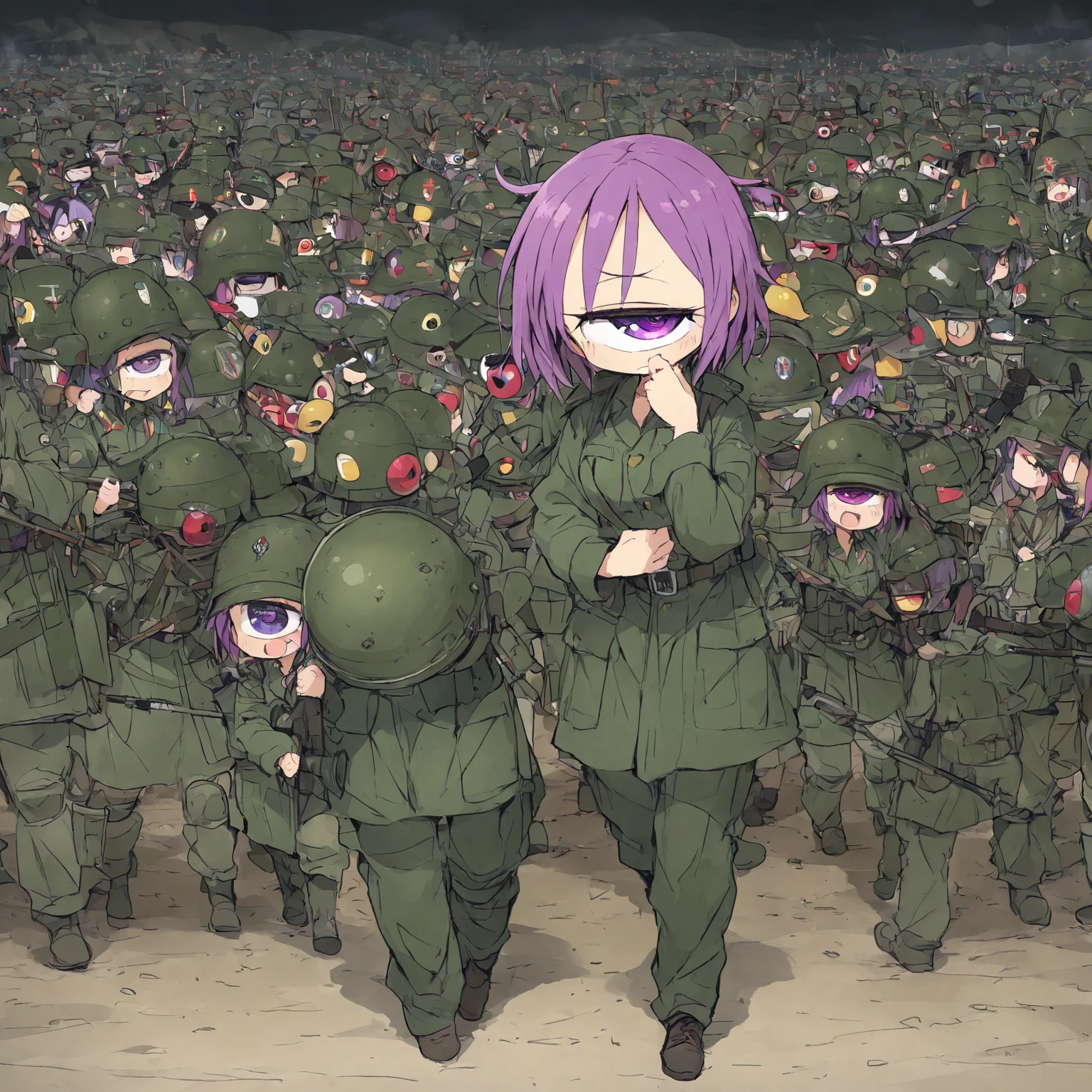 High quality, 4k, hd, female, full combat outfit, ghost helmet at the top of head, one missing eye dripping blood, scared and sad expression, covered in dirt, combat gloves, one eye glowing purple, wolf with red eyes, sniper on her back, in a war battlefield background, surrounded by the dead , giving up position on stance 